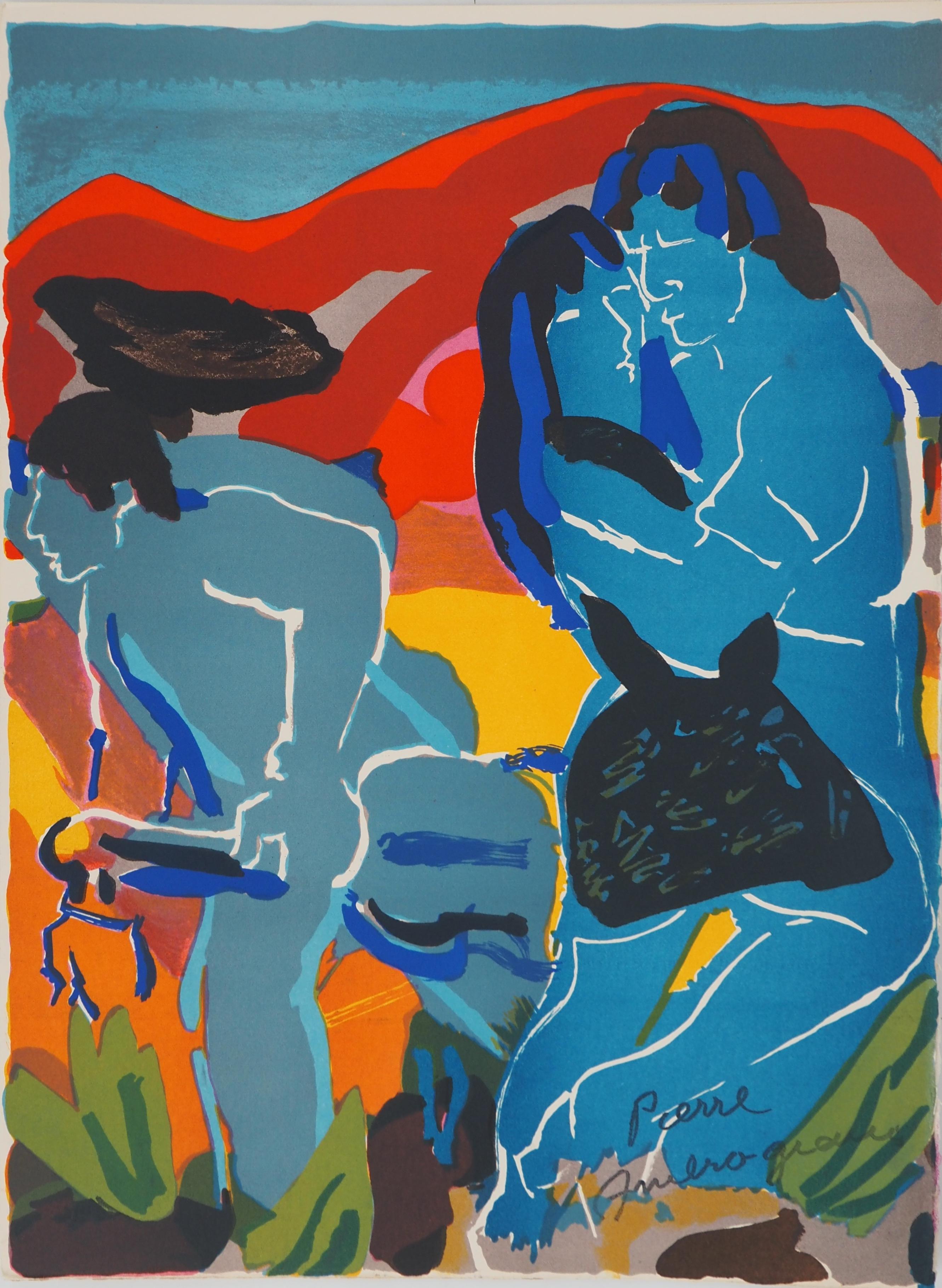 Pierre Ambrogiani Figurative Print - Lovers in Blue - Original Lithograph, Stamp signature