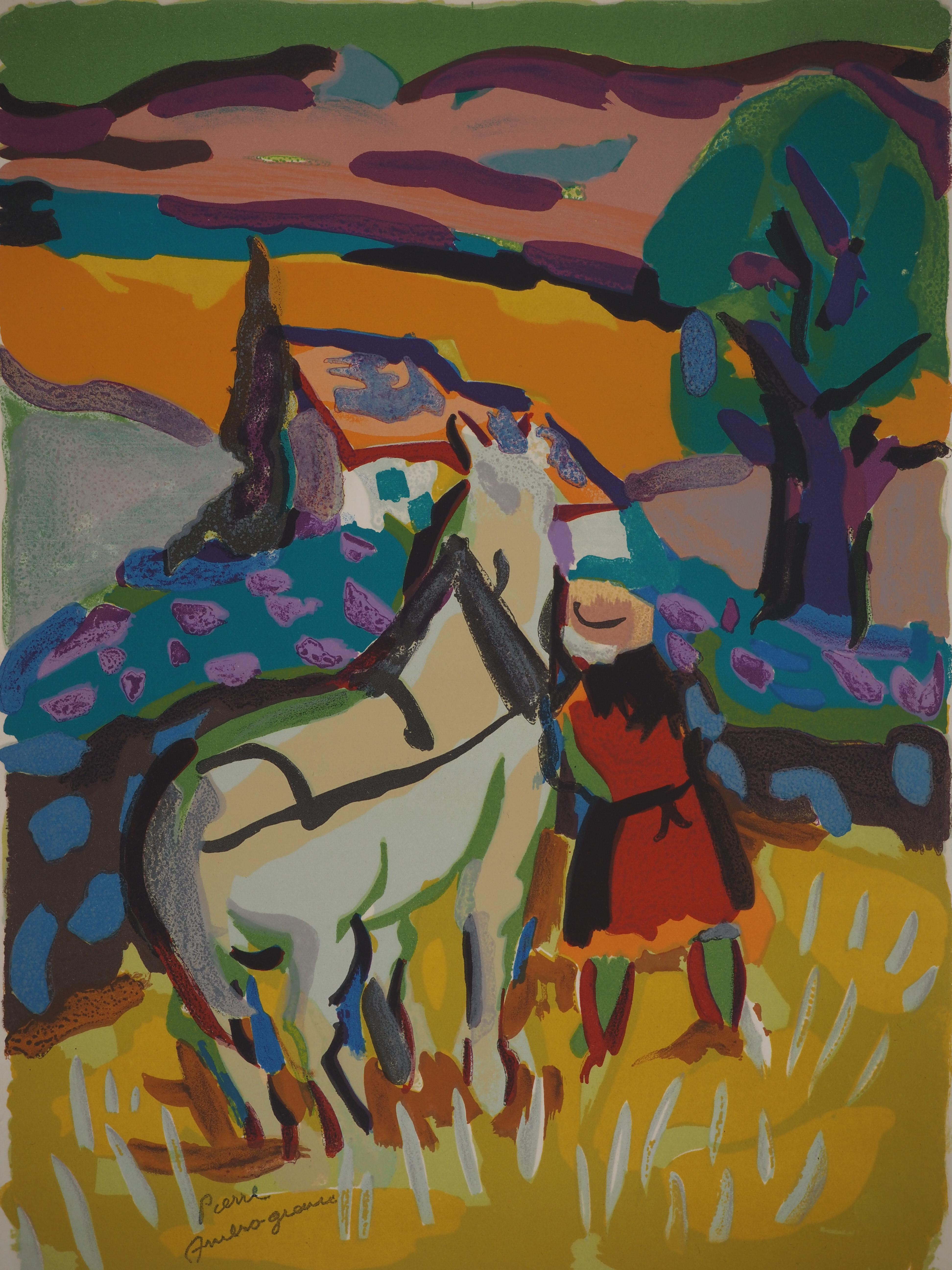 Trabajando en los campos de la Provenza : Caballo de tiro - Litografía original - Print de Pierre Ambrogiani