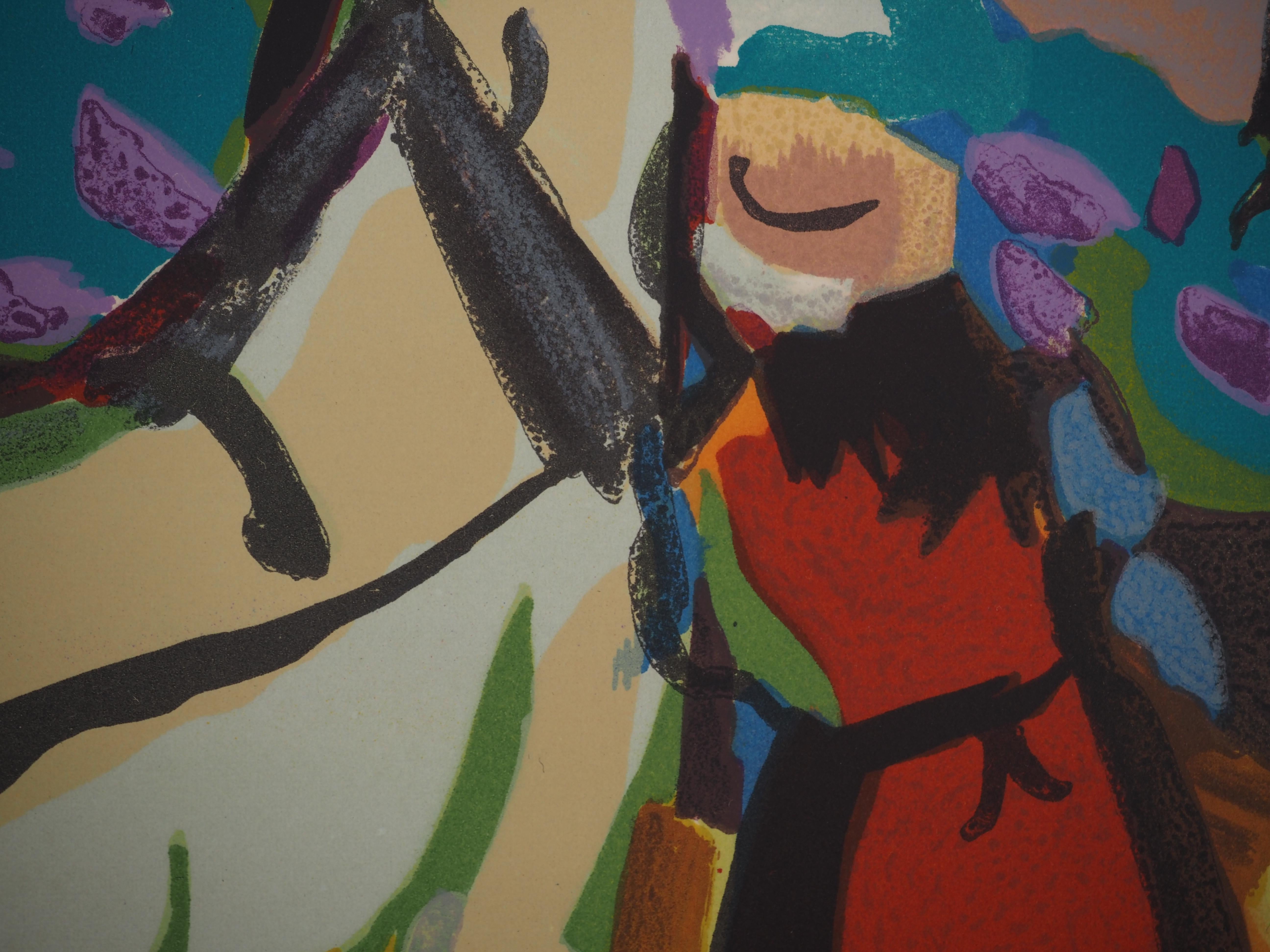 Working in the Fields in Provence : Draft Horse - Original Lithograph - Brown Figurative Print by Pierre Ambrogiani