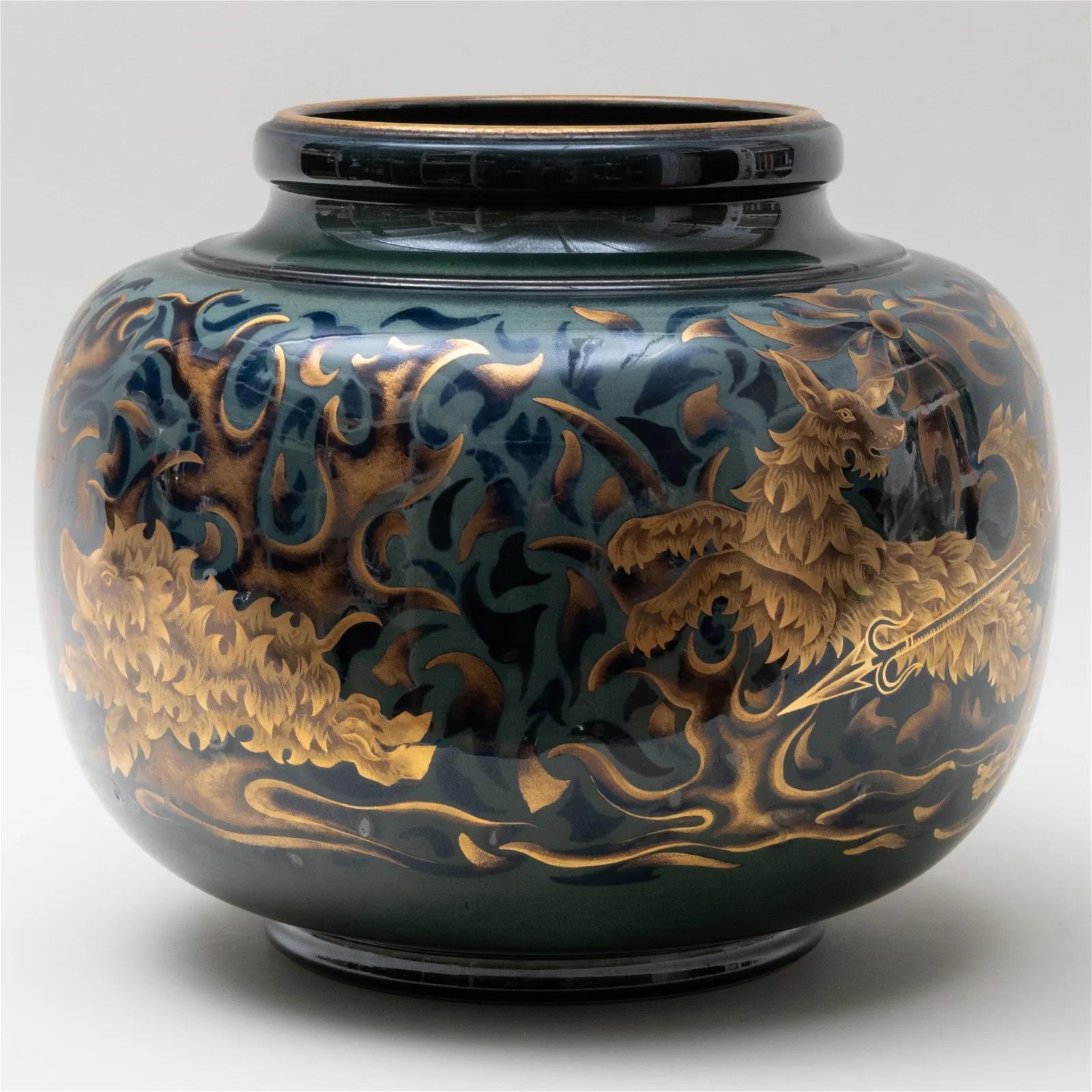 Pierre-Auguste Gaucher for Sevres Art Deco porcelain vase, hunting scene with green and gold enamel printed mark, gilt signature, numbered '115-47'. stamped Manufacture Nationale de Sèvres mark France: 1947