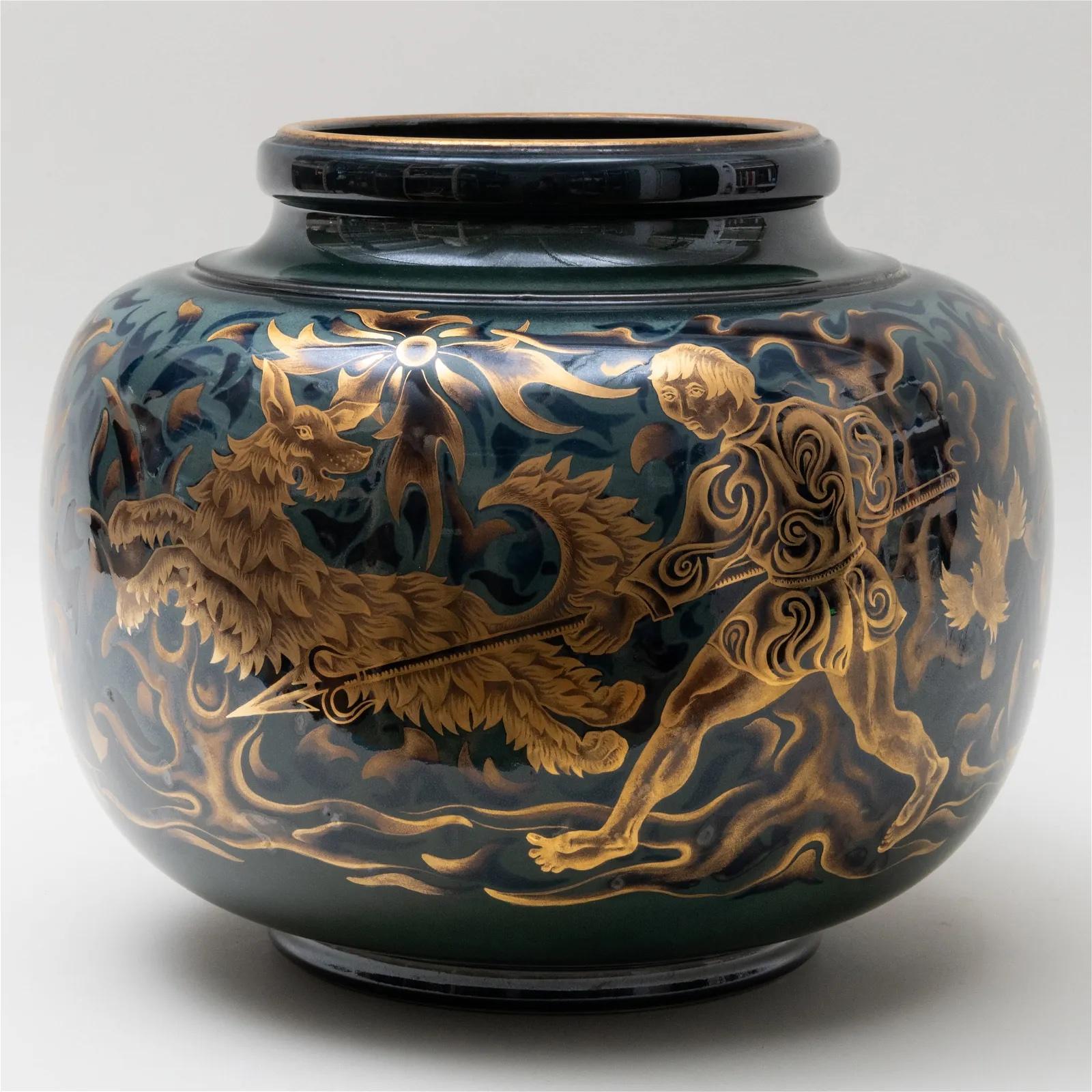 French Pierre-Auguste Gaucher for Sevres Art Deco Porcelain Vase Hunting Scene For Sale