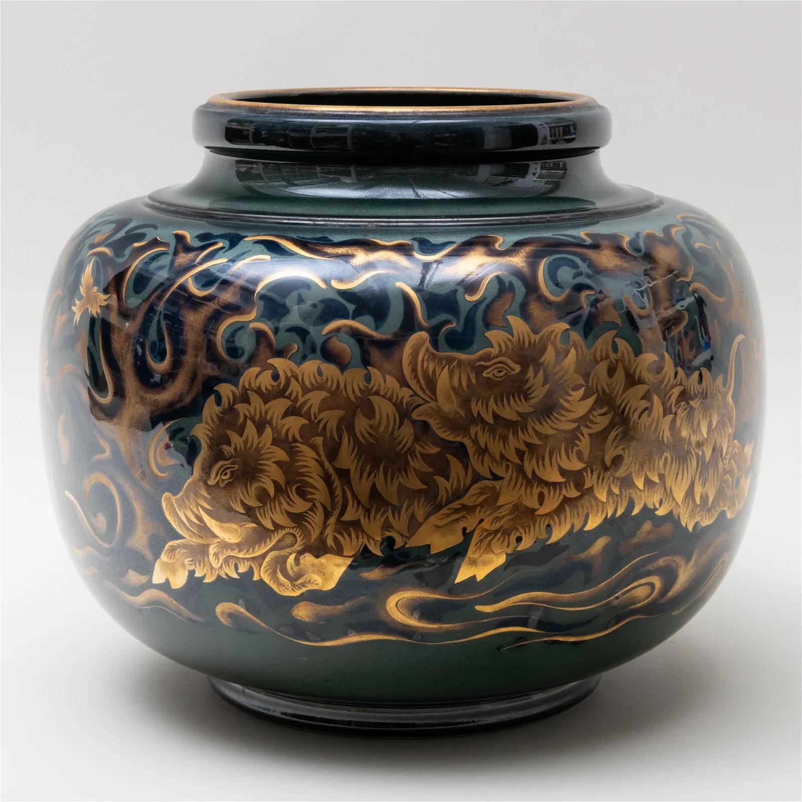 Pierre-Auguste Gaucher for Sevres Art Deco Porcelain Vase Hunting Scene In Good Condition For Sale In Montreal, QC