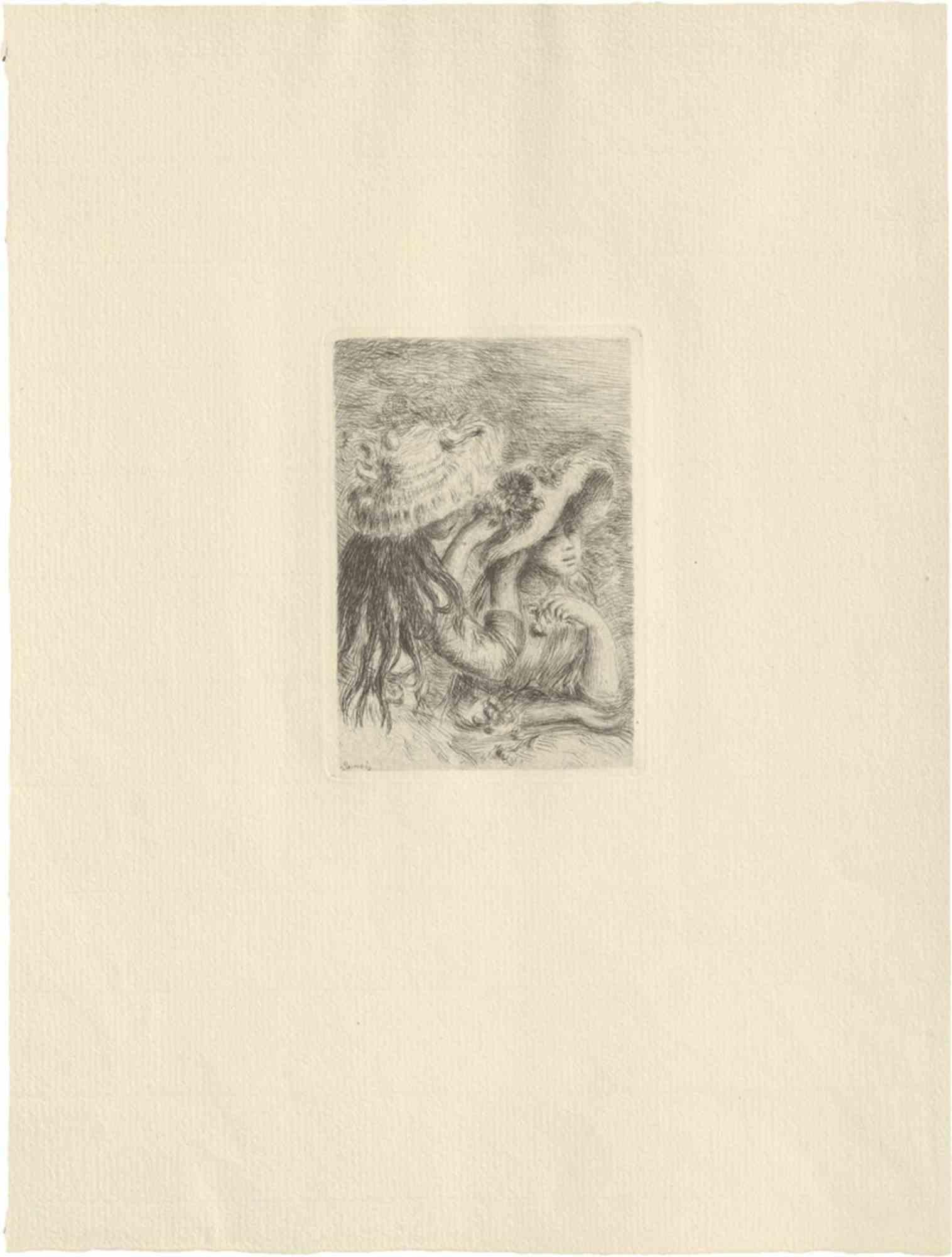 Le chapeau épinglé (La fille de Berthe Morisot et sa cousine) 3e planche. Etching realized by Renoir in 1894.

Image dimension 11.5x8 cm. / sheet dimension 33.2x15.1 cm.

The final state in a posthumous proof from 1921 with the etched signature in