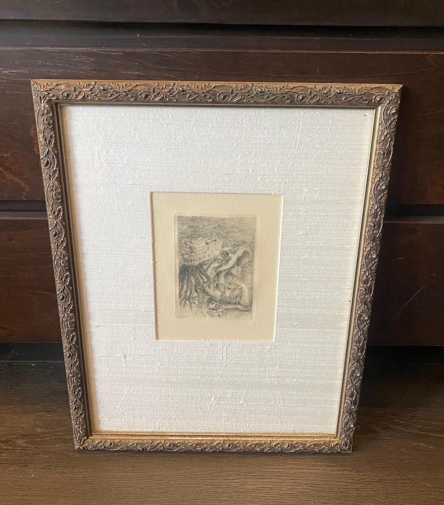 A beautiful drypoint etching by master French Impressionist artist/painter Pierre Auguste Renoir (1841-1919) titled 