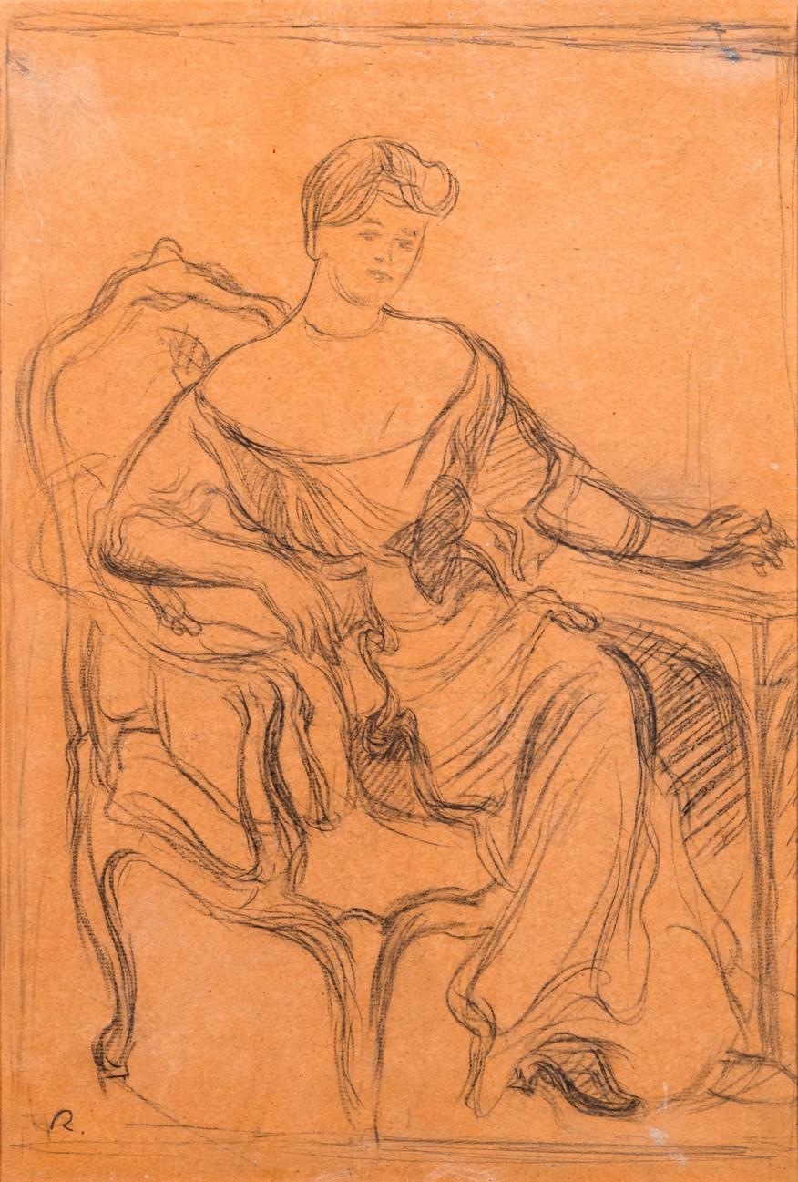 A lovely impressionist portrait graphite drawing on paper titled “Madame de Galéa” by Pierre-Auguste Renoir. Hand signed “R” on the bottom left. Created circa 1900s. On the verso it is inscribed “Study for Painting. Exhibition at Detroit Institute