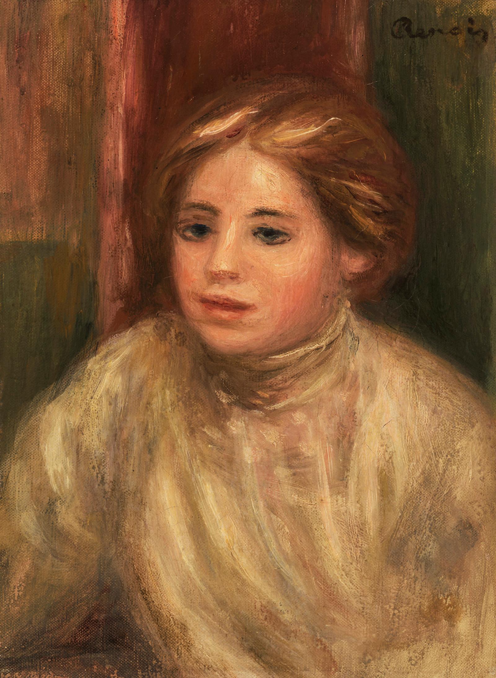 *PLEASE NOTE UK BUYERS WILL ONLY PAY 5% VAT ON THIS PURCHASE.

Tête de Femme Blonde	by Pierre-Auguste Renoir (1841-1919)
Oil on canvas
26.1 x 19 cm (10 ¹/₄ x 7 ¹/₂ inches)
Signed upper right, Renoir
Executed in 1908

From the 1890s onwards, Renoir's