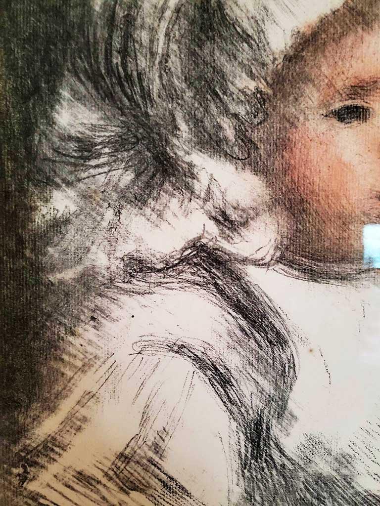 Ein intimes Porträt seines zweiten Sohnes, Jean Renoir (1894 - 1979), erinnert an die kindlichen Gefühle und die Liebe, die Renoir für seine Kinder empfand.  Jean, die wahrscheinlich nicht älter als 3 Jahre ist, wird hier mit einem Keks unter einer