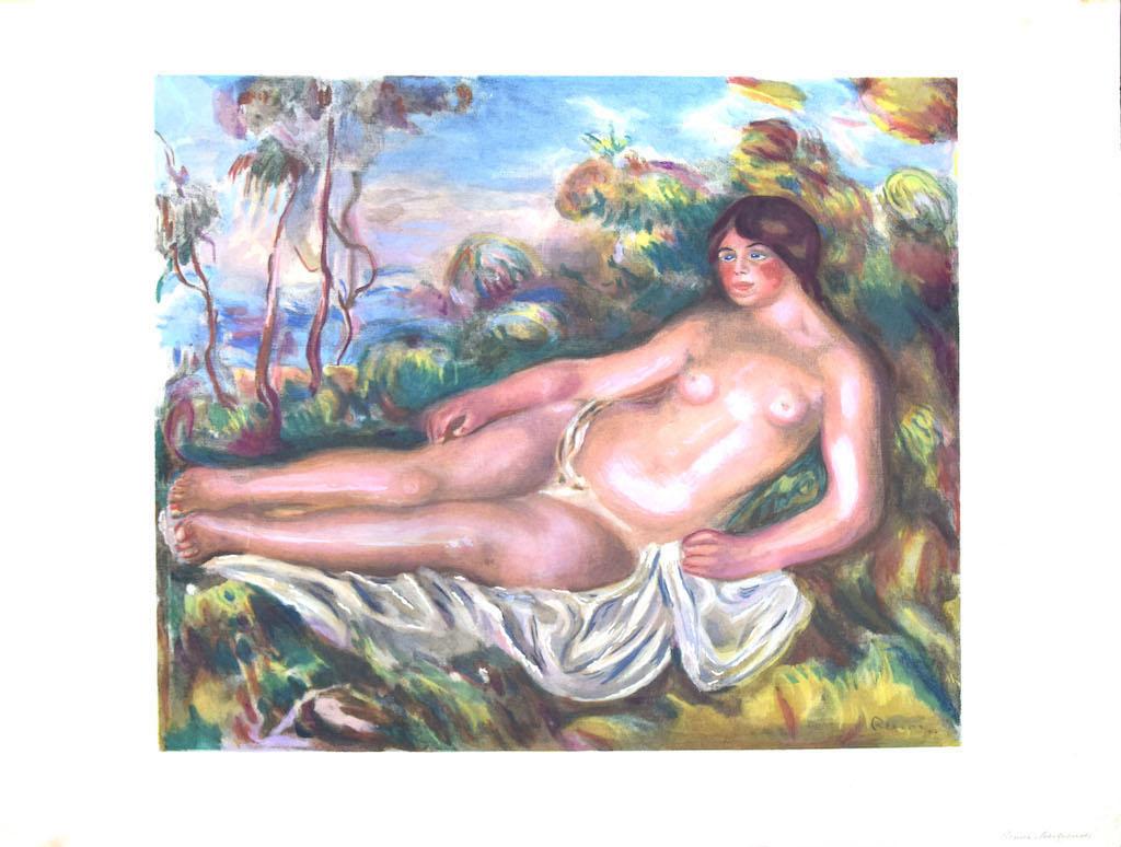 Nude Frau – Vintage- Offsetplakat nach P. A. Renoir – Mitte des 20. Jahrhunderts