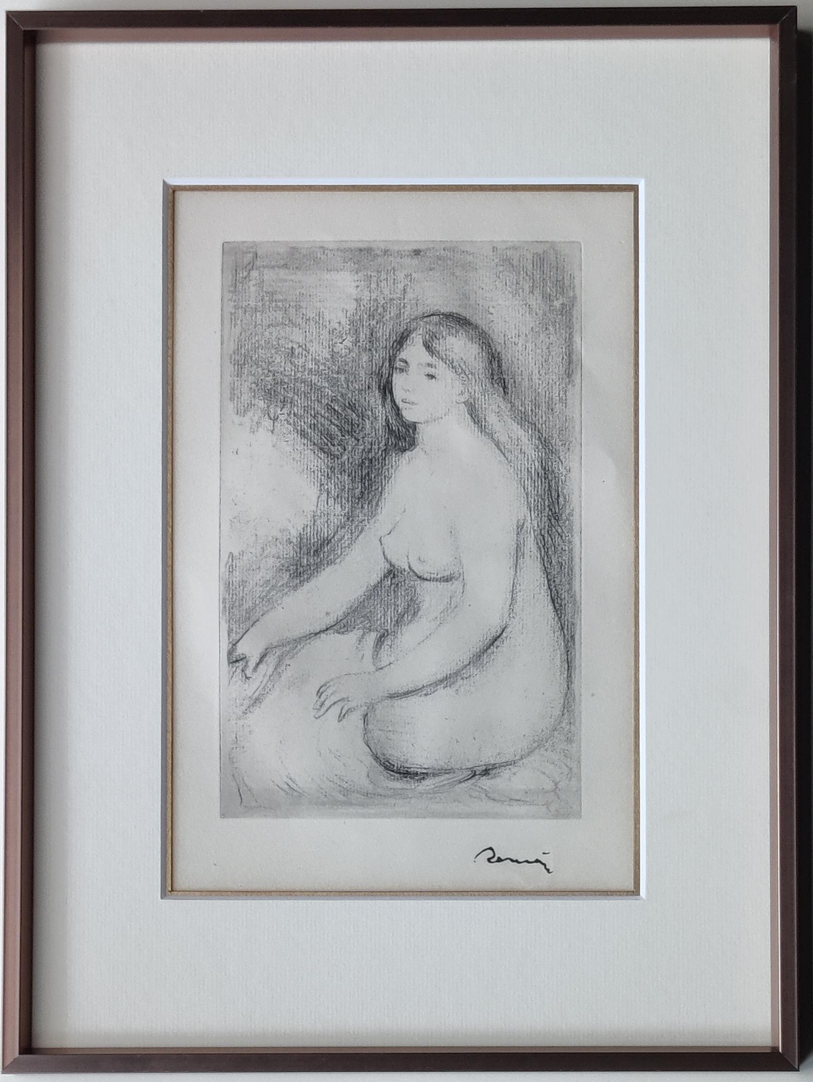 Pierre-Auguste Renoir
Pierre-Auguste Renoir --  Sur la plage, à Berneval/Baigneuse assise, circa 1897
Soft-ground etching printed in black on cream wove paper
Full margins, from the edition of 1000
The artist's ink stamp signature (Lugt 2137a, lower