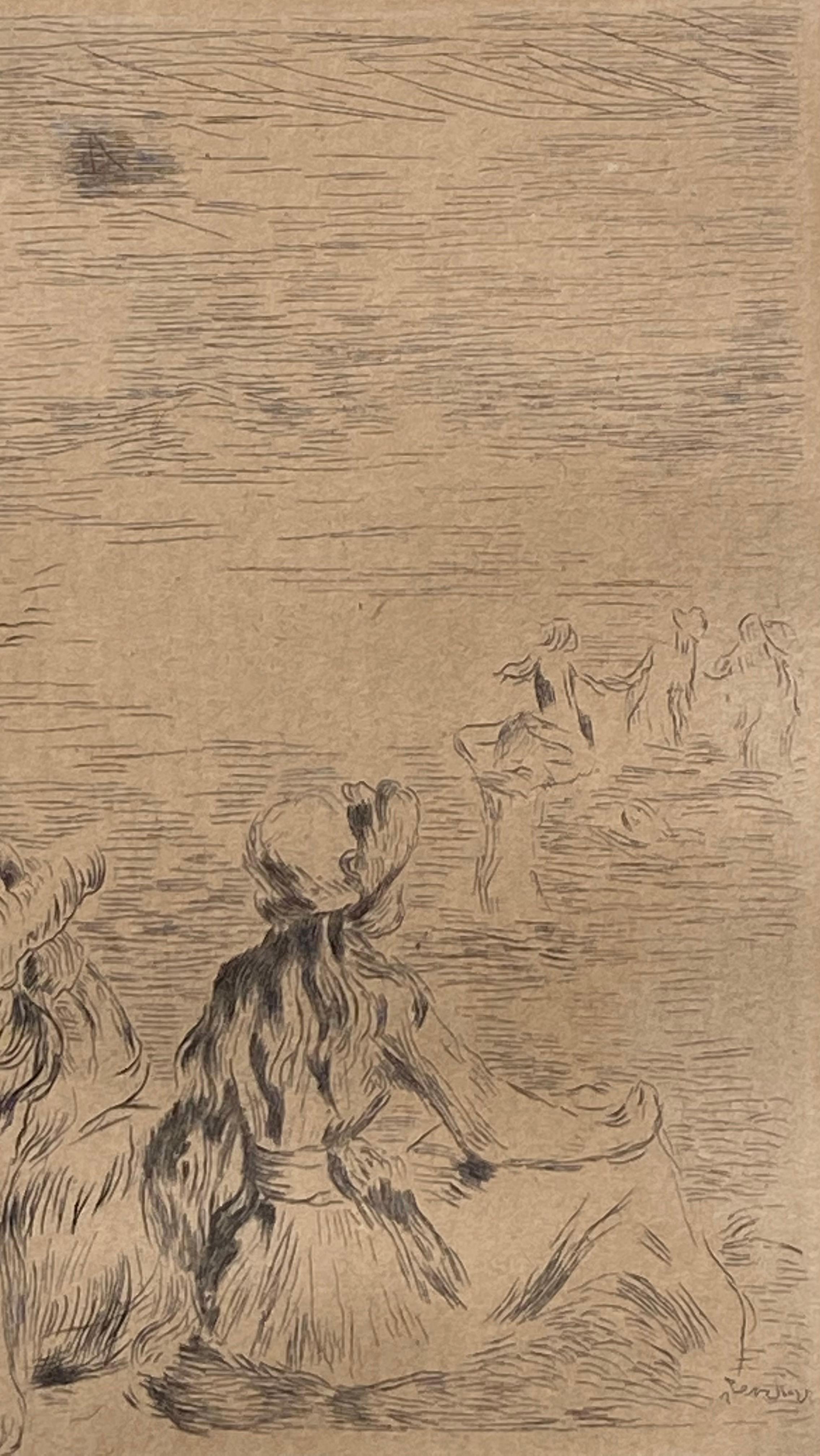Medium: acquaforte e puntasecca originale. Riferimento del catalogo: Delteil 5. Una delle giovani donne sulla spiaggia è Julie Manet, figlia di Berthe Morisot e Edouard Manet.  L'altra figura è sua cugina, Paulette Gobillard. Compaiono anche in