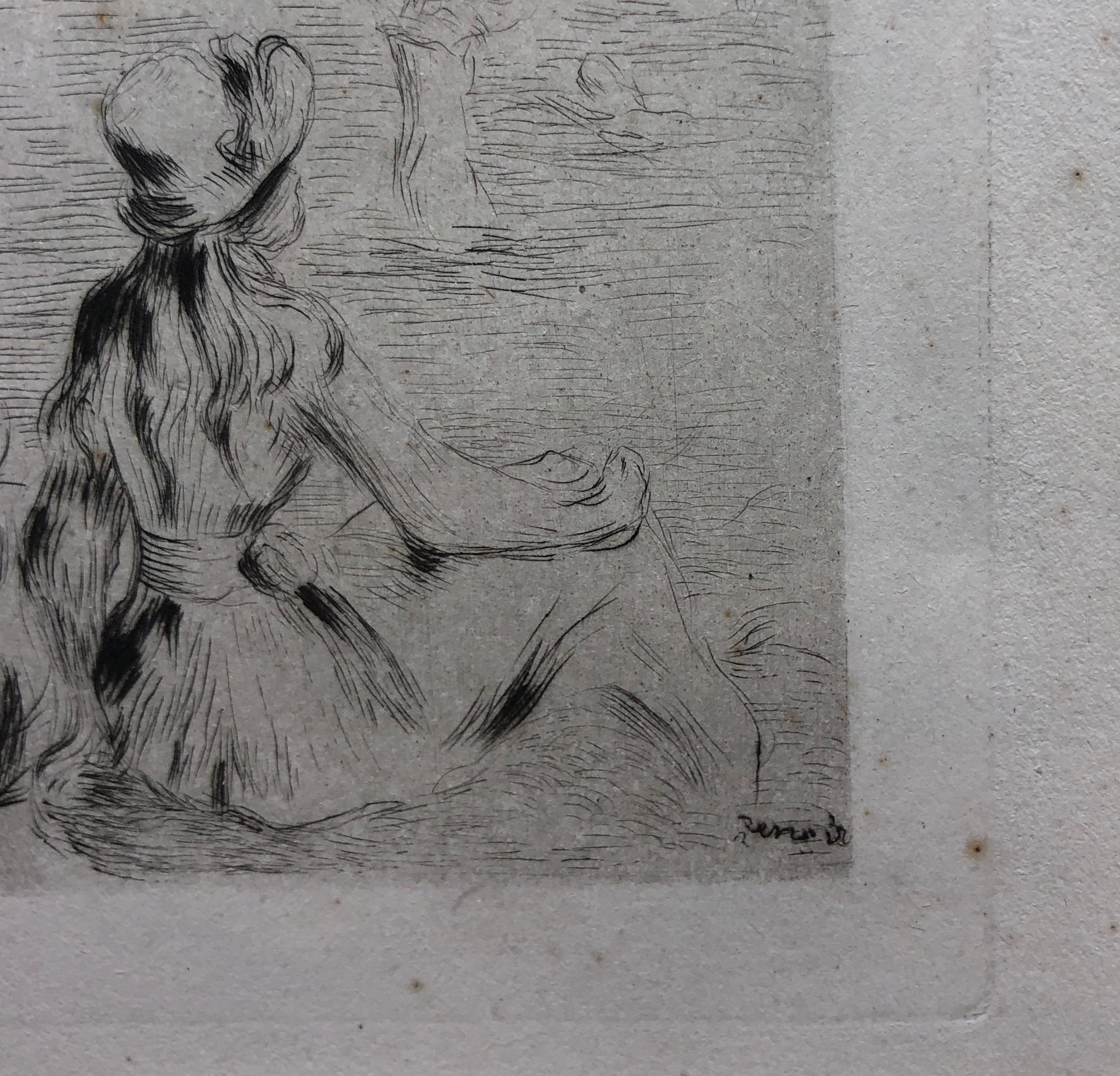 This piece is an original etching on laid paper created by Pierre-Auguste Renoir circa 1892 and published in 1919. It is an example of the second state and bears the artist's signature in the plate. The image measures 5.5 x 3.7 inches and the framed