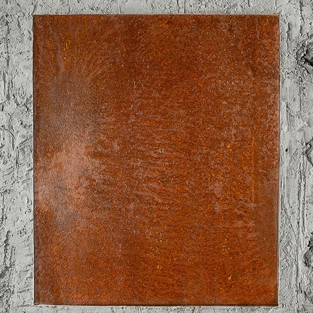 Cement and corroded steel on foam panels.

Auville works with construction cement. Applying techniques used in the construction and ship building industries, he spreads the cement over high-density foam panels, creating pieces ranging in size from