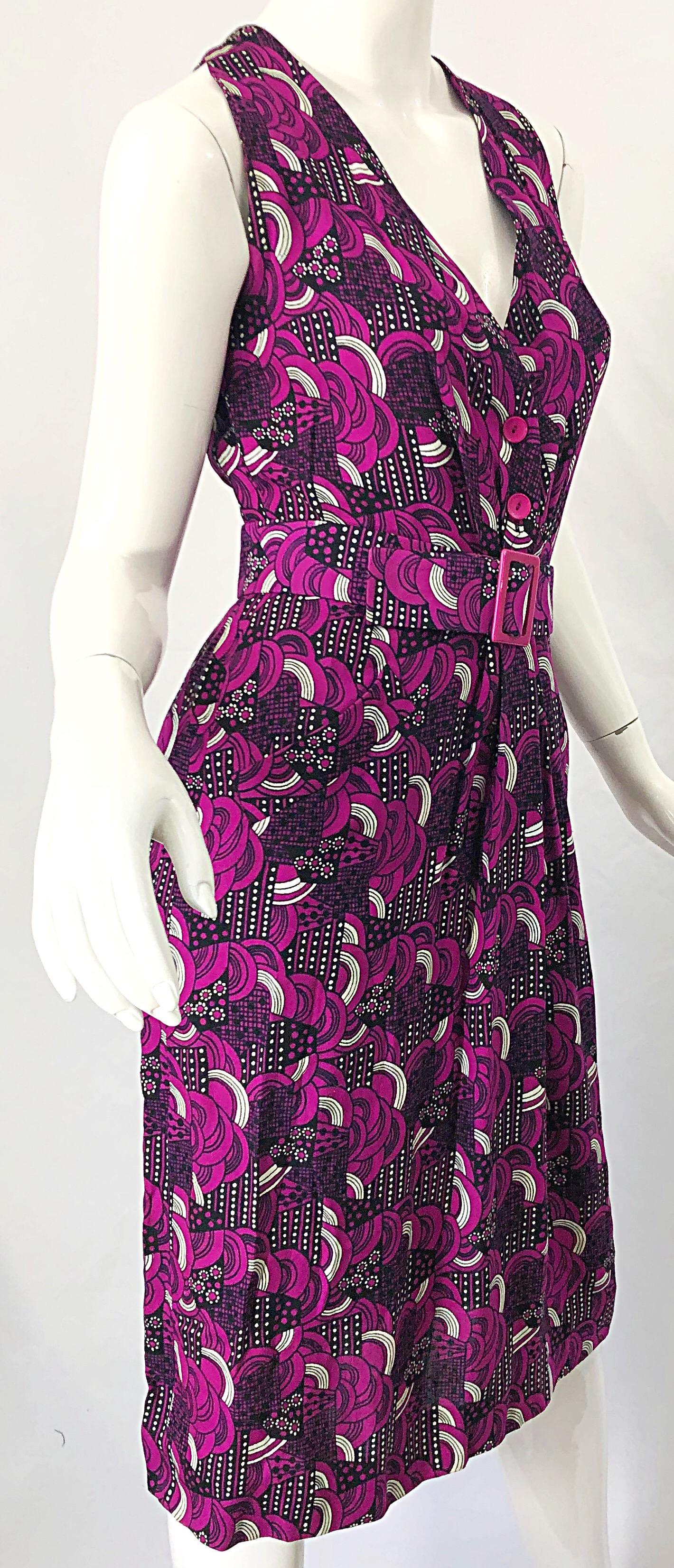 Pierre Balmain 1980s Pink Abstract Flower Geometric Silk Linen Vintage 80s Dress For Sale 8