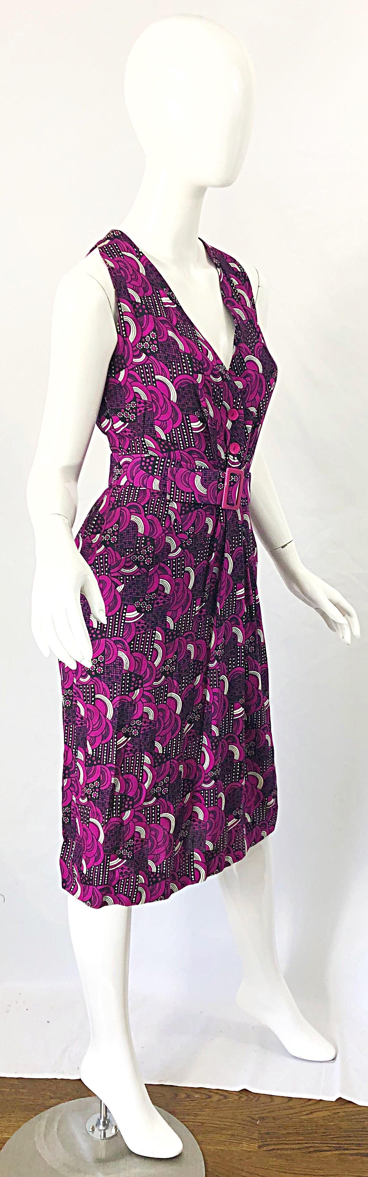 Pierre Balmain 1980s Pink Abstract Flower Geometric Silk Linen Vintage 80s Dress For Sale 3