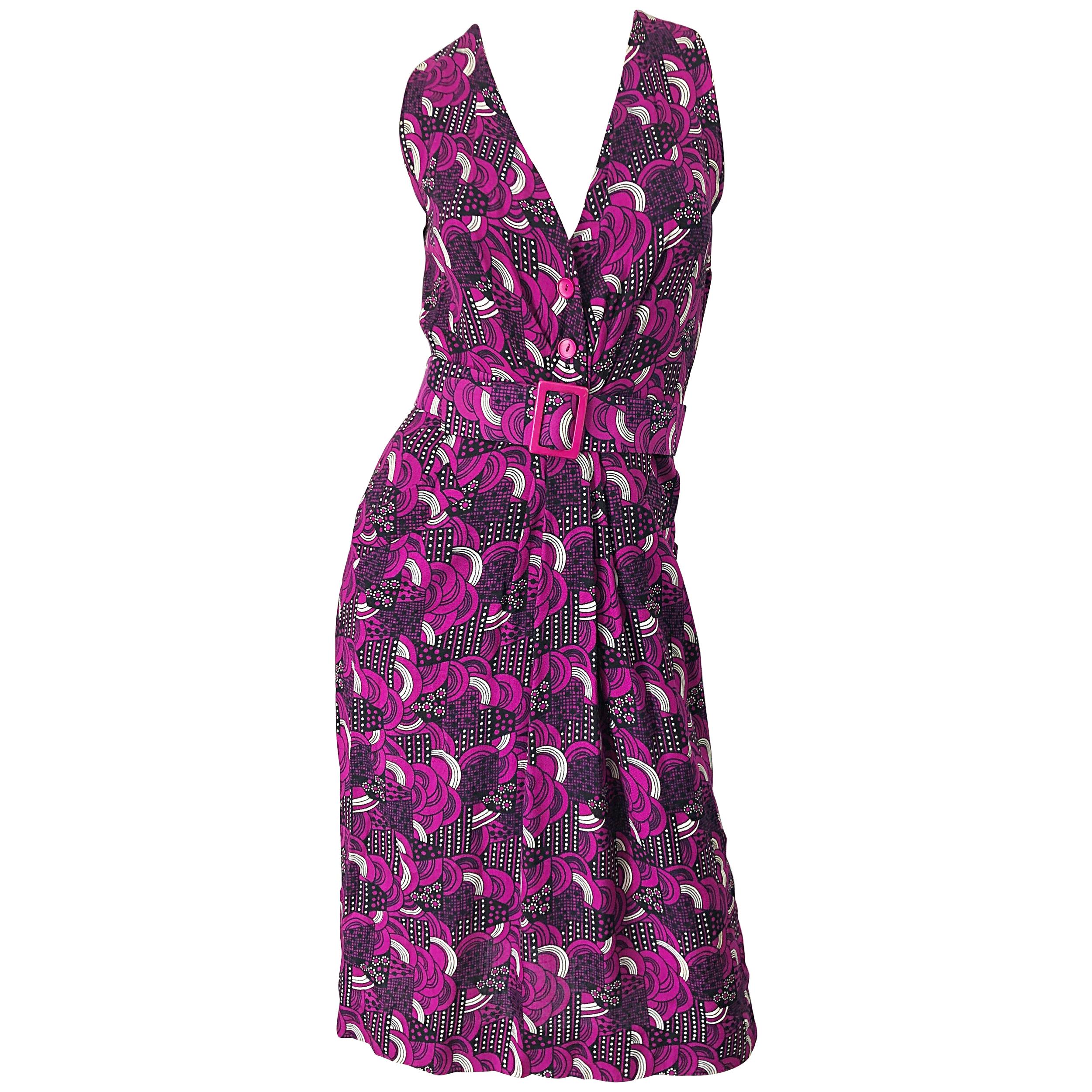 Pierre Balmain 1980s Pink Abstract Flower Geometric Silk Linen Vintage 80s Dress