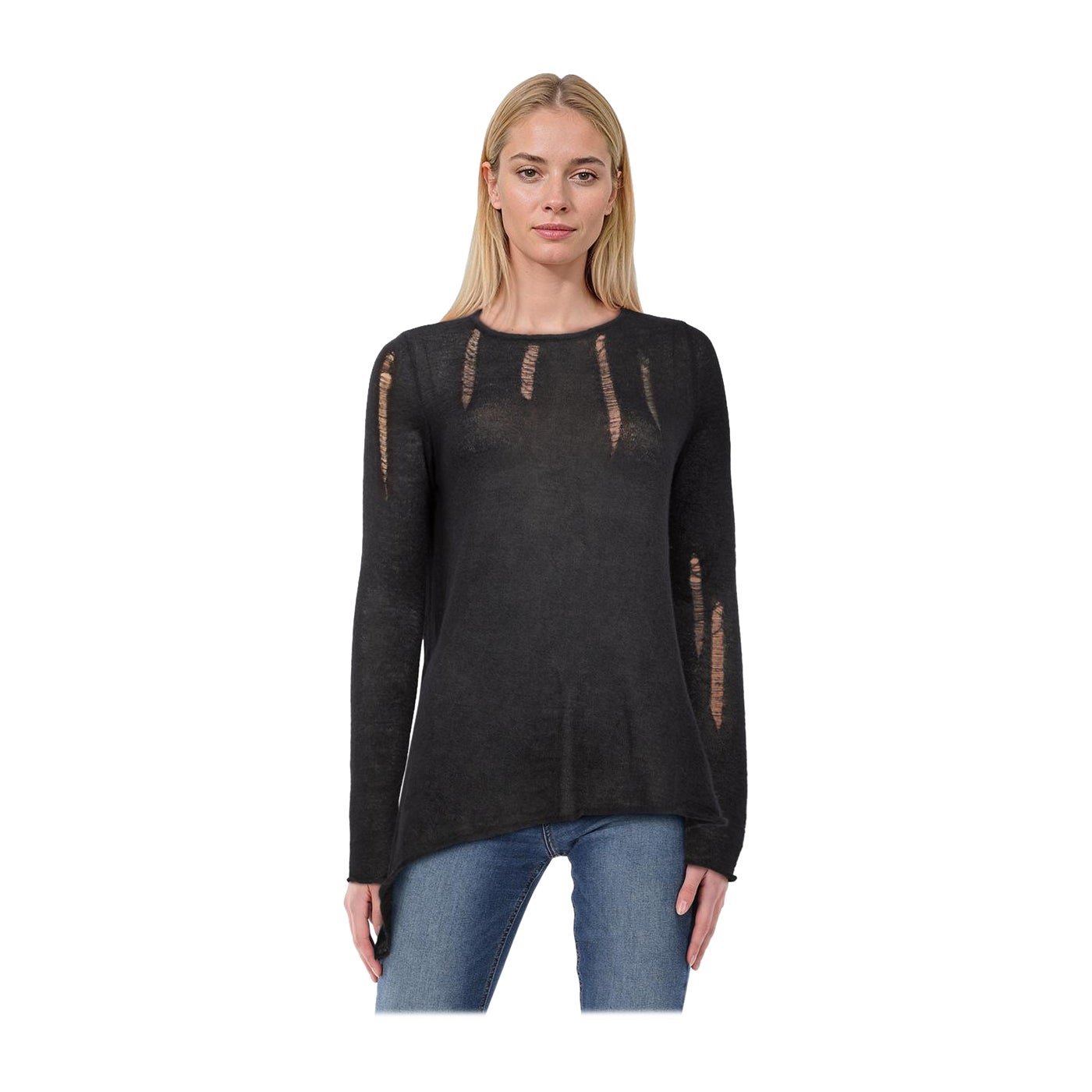 Pierre Balmain Schwarzer Distressed Sheer Pullover Größe XL im Angebot
