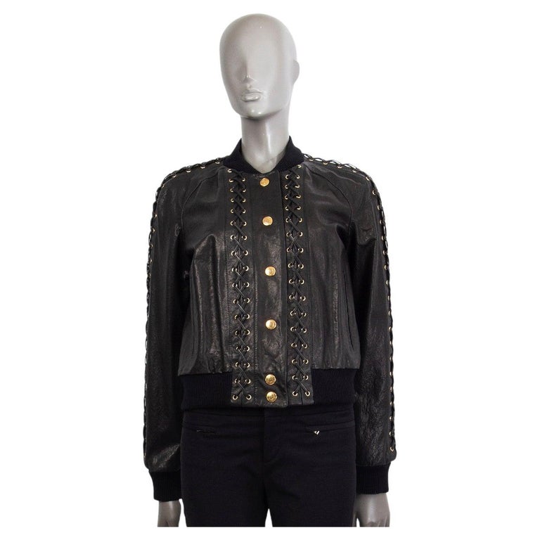 PIERRE BALMAIN black LACE UP LEATHER BOMBER Jacket 42 L For Sale at 1stDibs