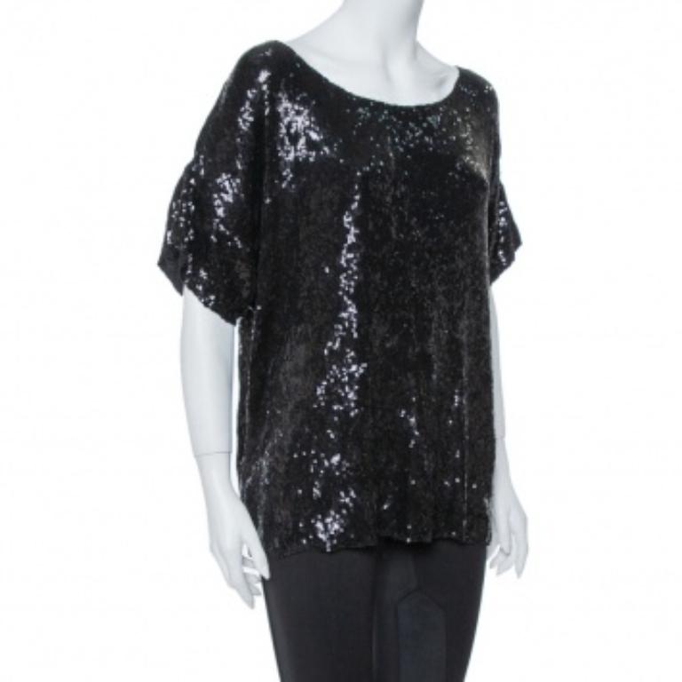 Pierre Balmain Top nero in maglia oversize impreziosito da paillettes M. I. in vendita 1