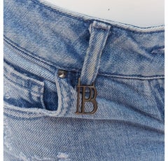 PIERRE BALMAIN blue distressed washed B logo charm hot shorts 24"