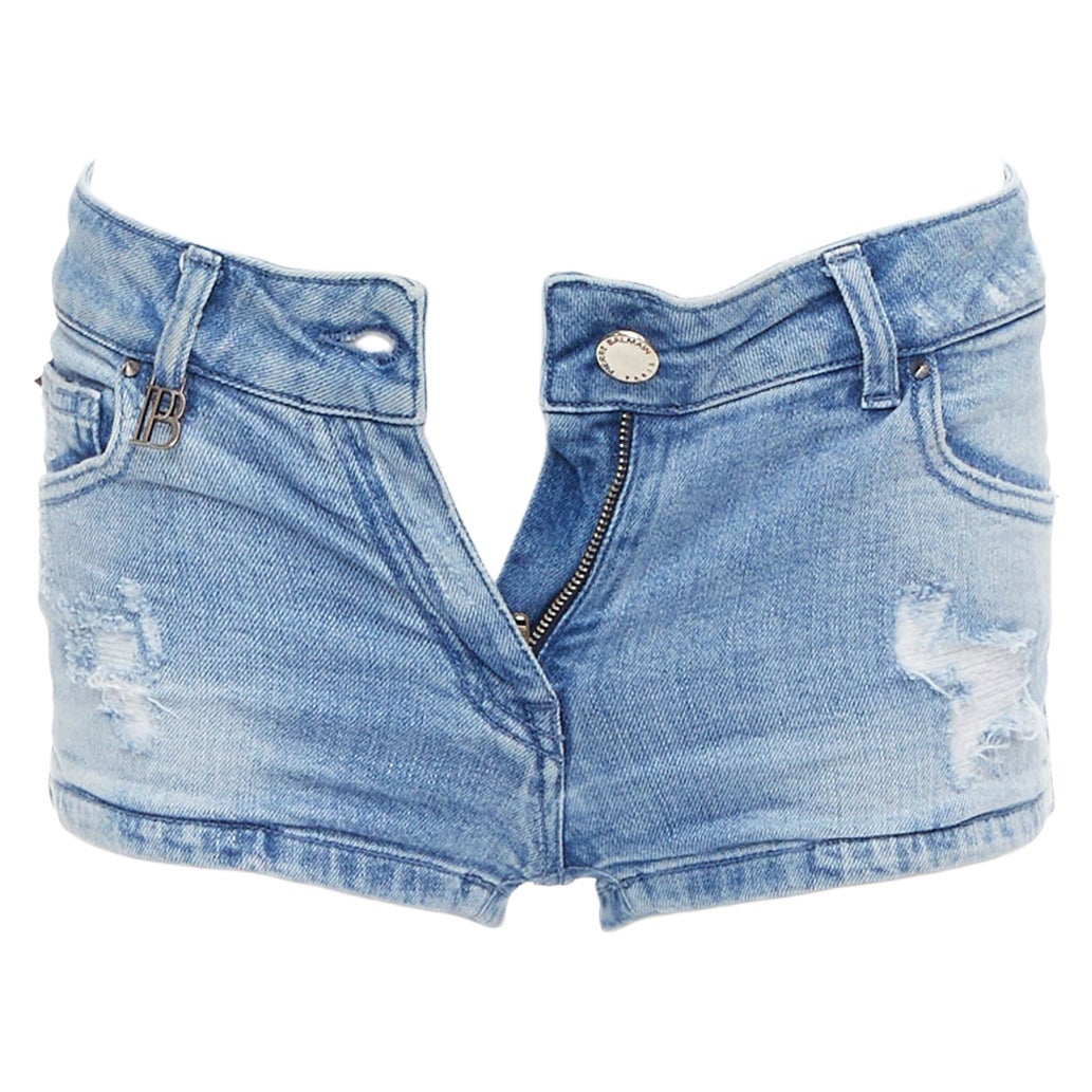 Pre-owned Pierre Balmain Blue Distressed Washed B Logo Charm Hot Shorts 24"