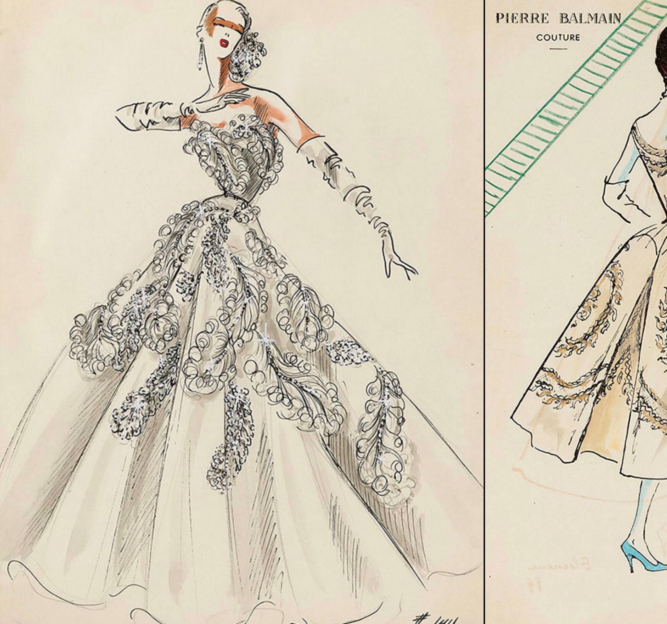 'La Robe Broderie À Ramages'
PIERRE BALMAIN PARIS
Made In France, ca.1955

Majestic evening gown in silk and cream satin with the most astonishing embroiderery by PIERRE BALMAIN Haute Couture workshop bolduc, numbered 33, named handwritten and
