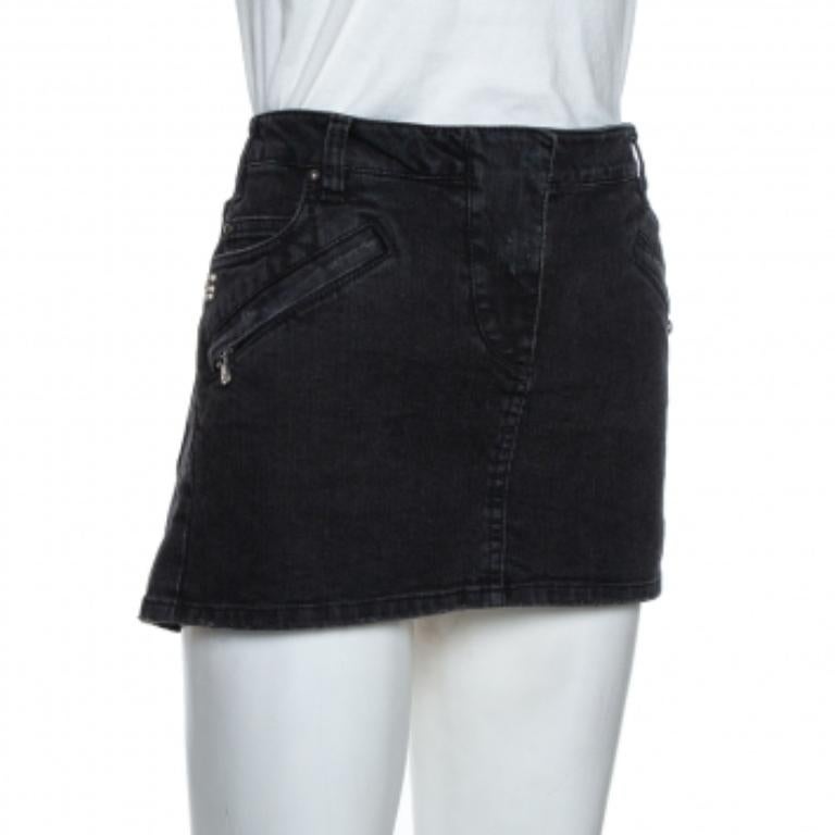 Pierre Balmain Dark Grey Washed Denim Mini Skirt M For Sale 1