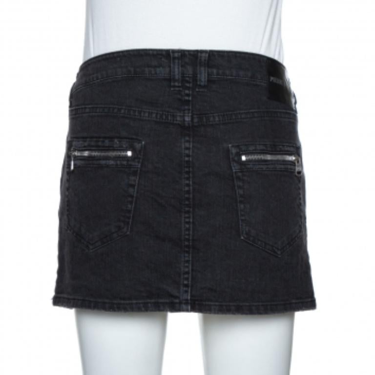 Pierre Balmain Dark Grey Washed Denim Mini Skirt M For Sale 2