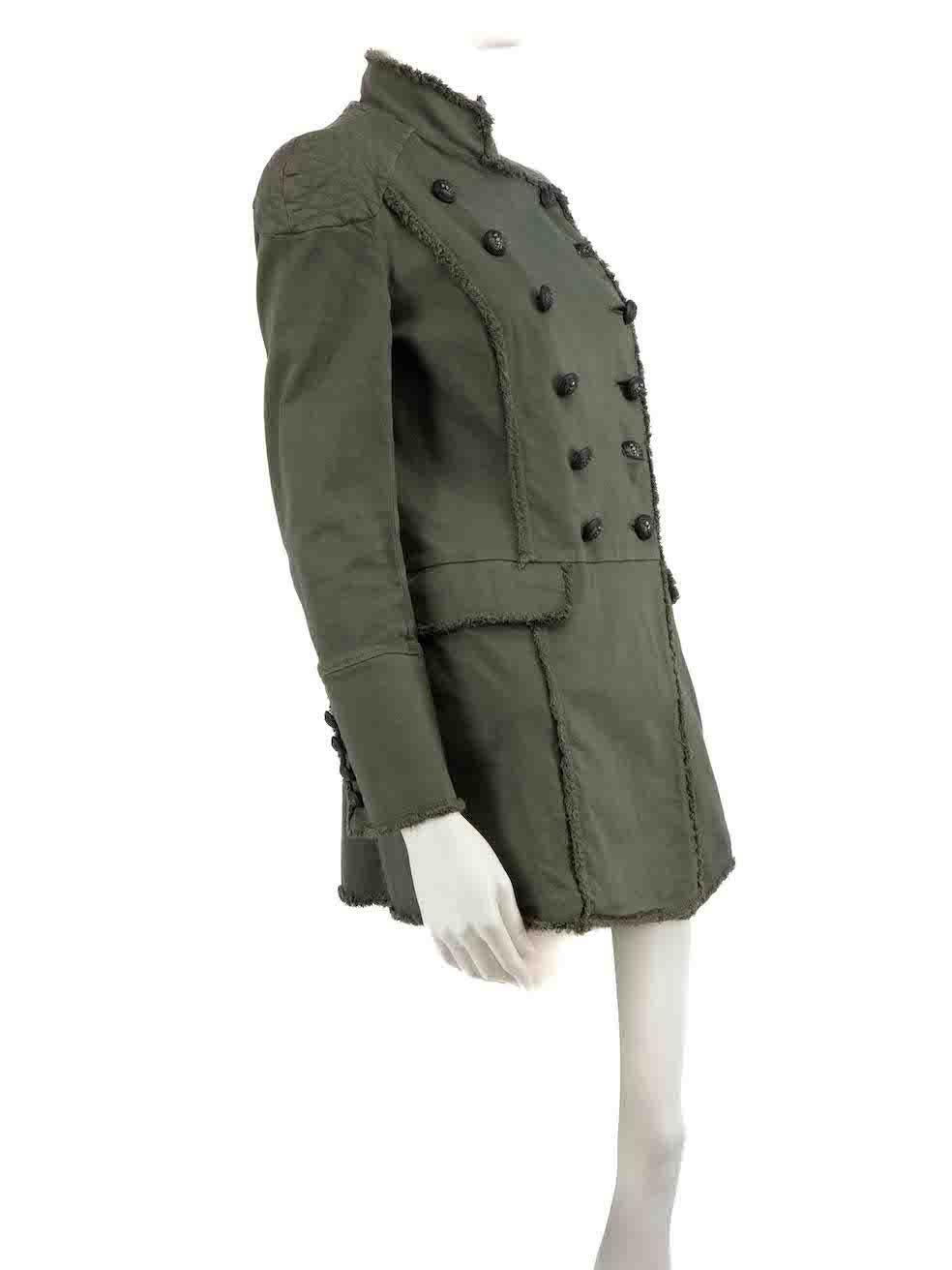 CONDITION is Very good. Hardly any visible wear to coat is evident on this used Pierre Balmain designer resale item.
 
 Details
 Green
 Cotton
 Jacket
 Double breasted
 Button up fastening
 Shoulder pads
 Raw edge details
 Buttoned cuffs
 2x Side