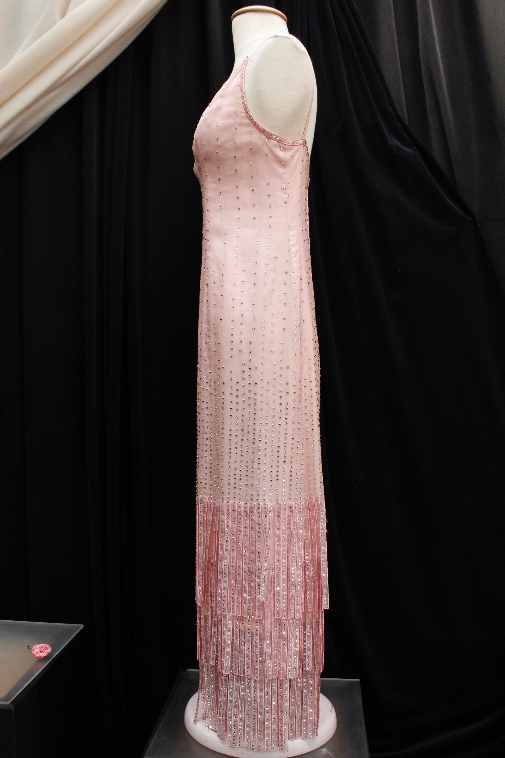 Brown Pierre Balmain Haute Couture beautiful pink evening gown with fringes For Sale