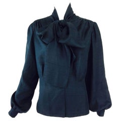 Pierre Balmain Haute Couture black Pongee silk bow tie blouse 1950s