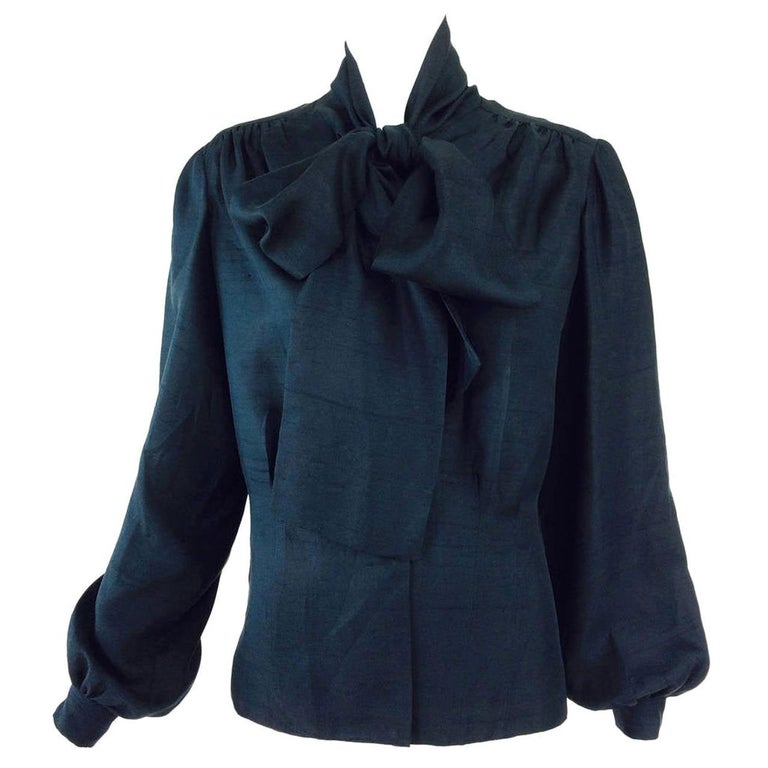 Pierre Balmain Haute Couture black Pongee silk bow tie blouse 1950s For Sale