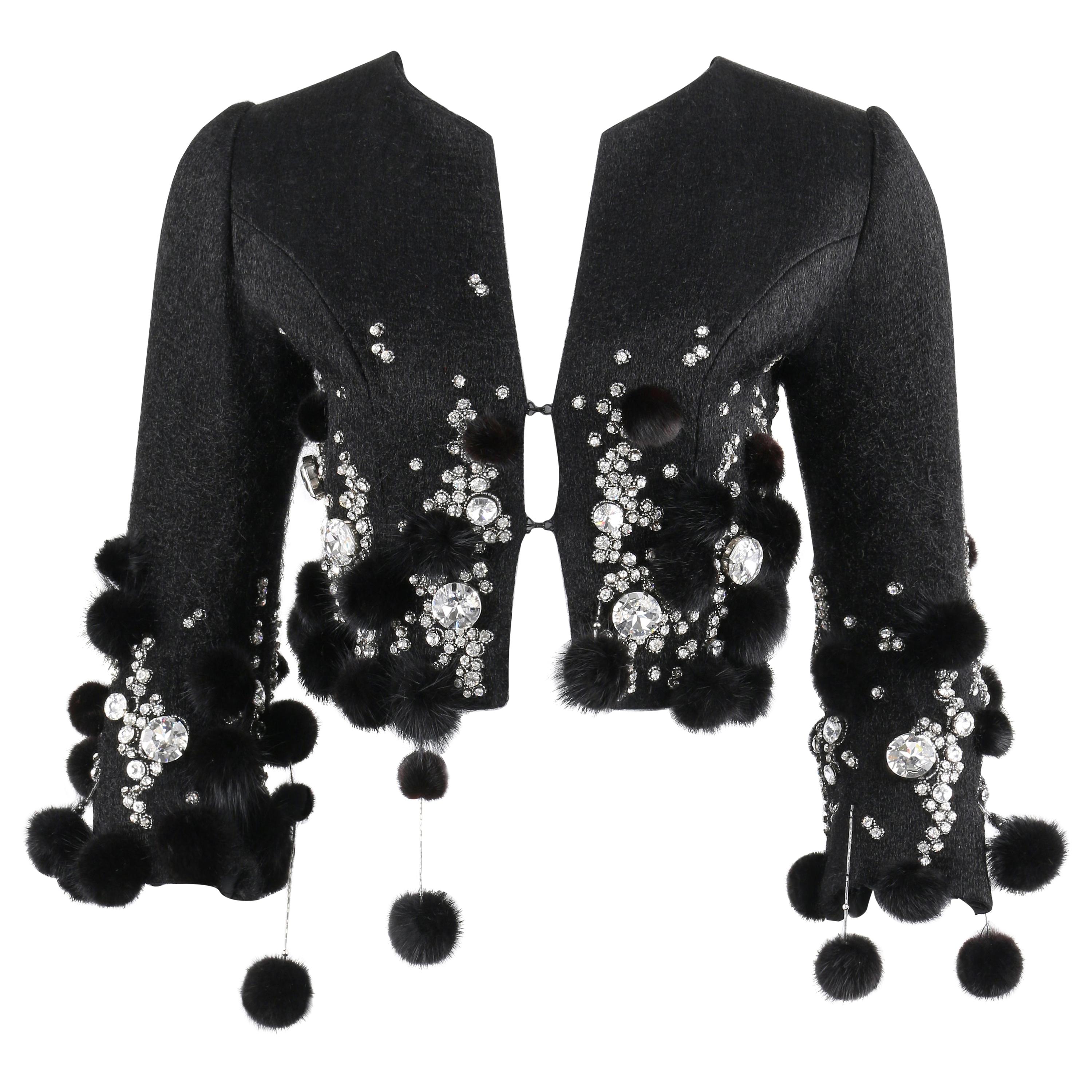 PIERRE BALMAIN Haute Couture c.1964 Black Crystal Beaded Mink Fur Cropped Jacket For Sale