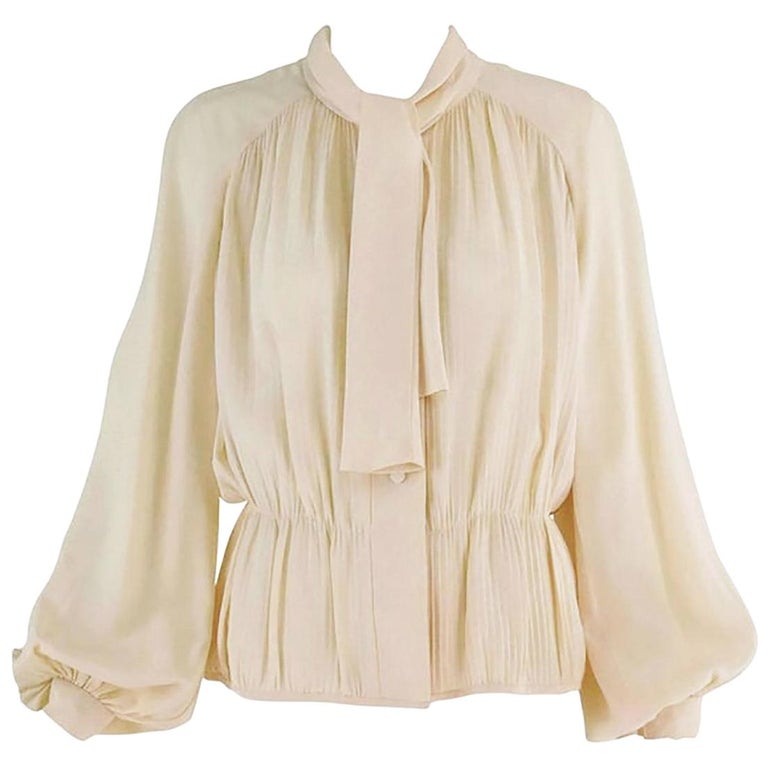 Pierre Balmain Haute Couture Cream Silk Pleated Tie Blouse 1950s at ...