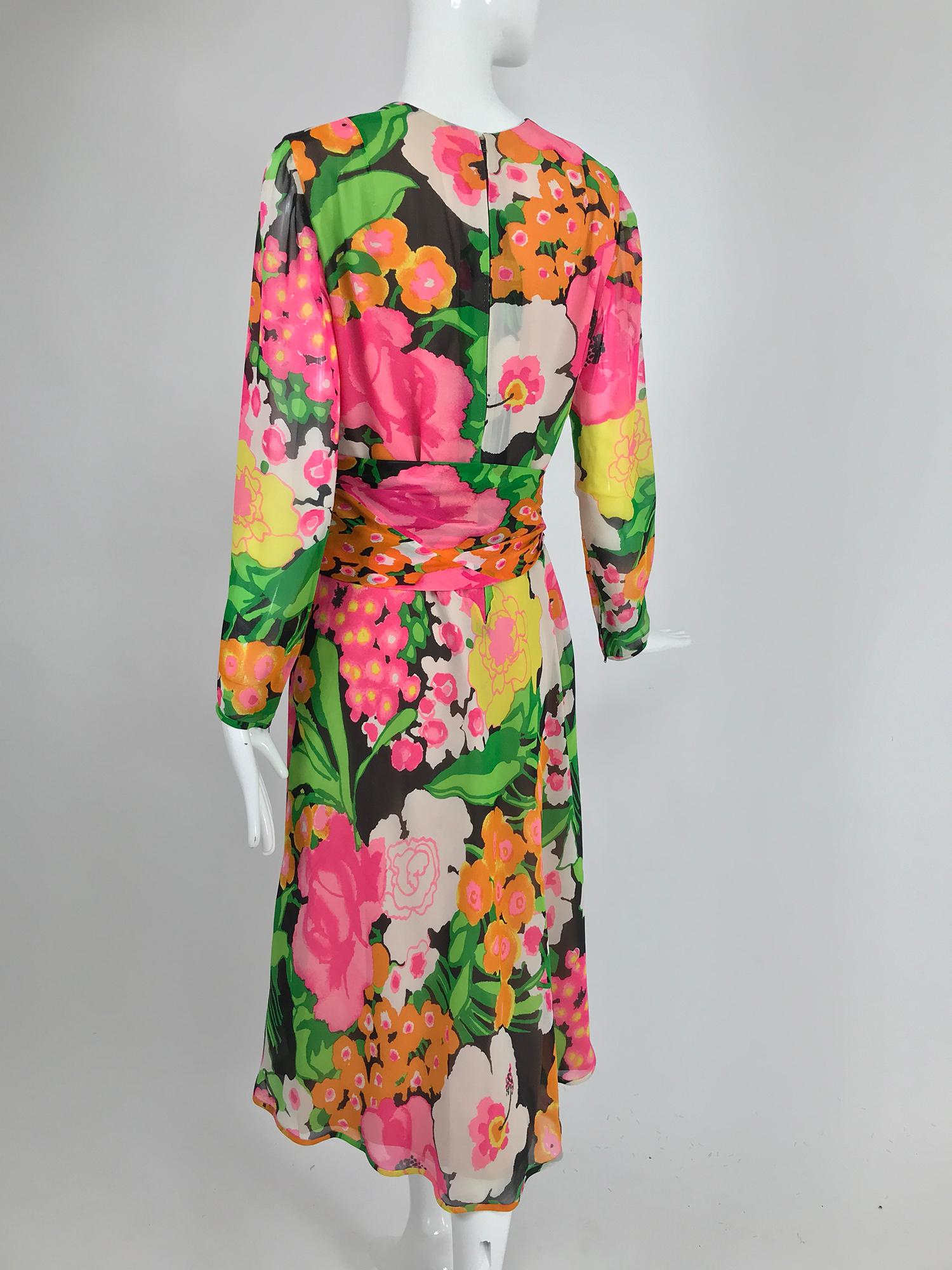 Brown Pierre  Balmain Haute Couture Pieced Silk Vibrant Floral Dress and Sash