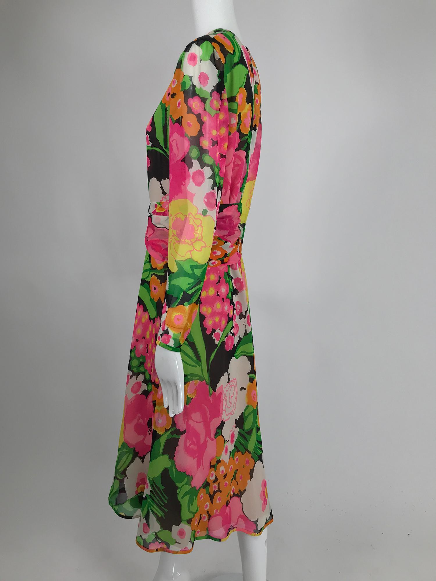 Pierre  Balmain Haute Couture Pieced Silk Vibrant Floral Dress and Sash In Good Condition In West Palm Beach, FL