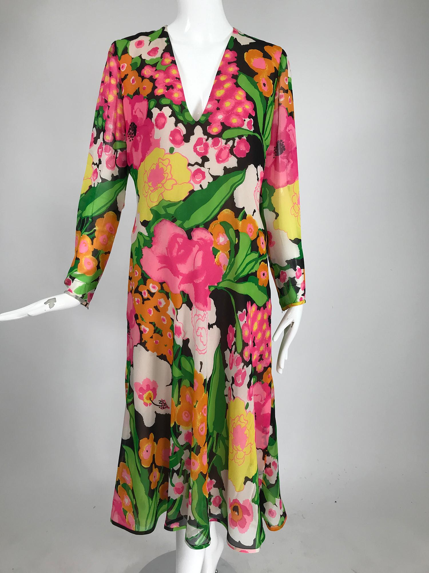 Women's Pierre  Balmain Haute Couture Pieced Silk Vibrant Floral Dress and Sash