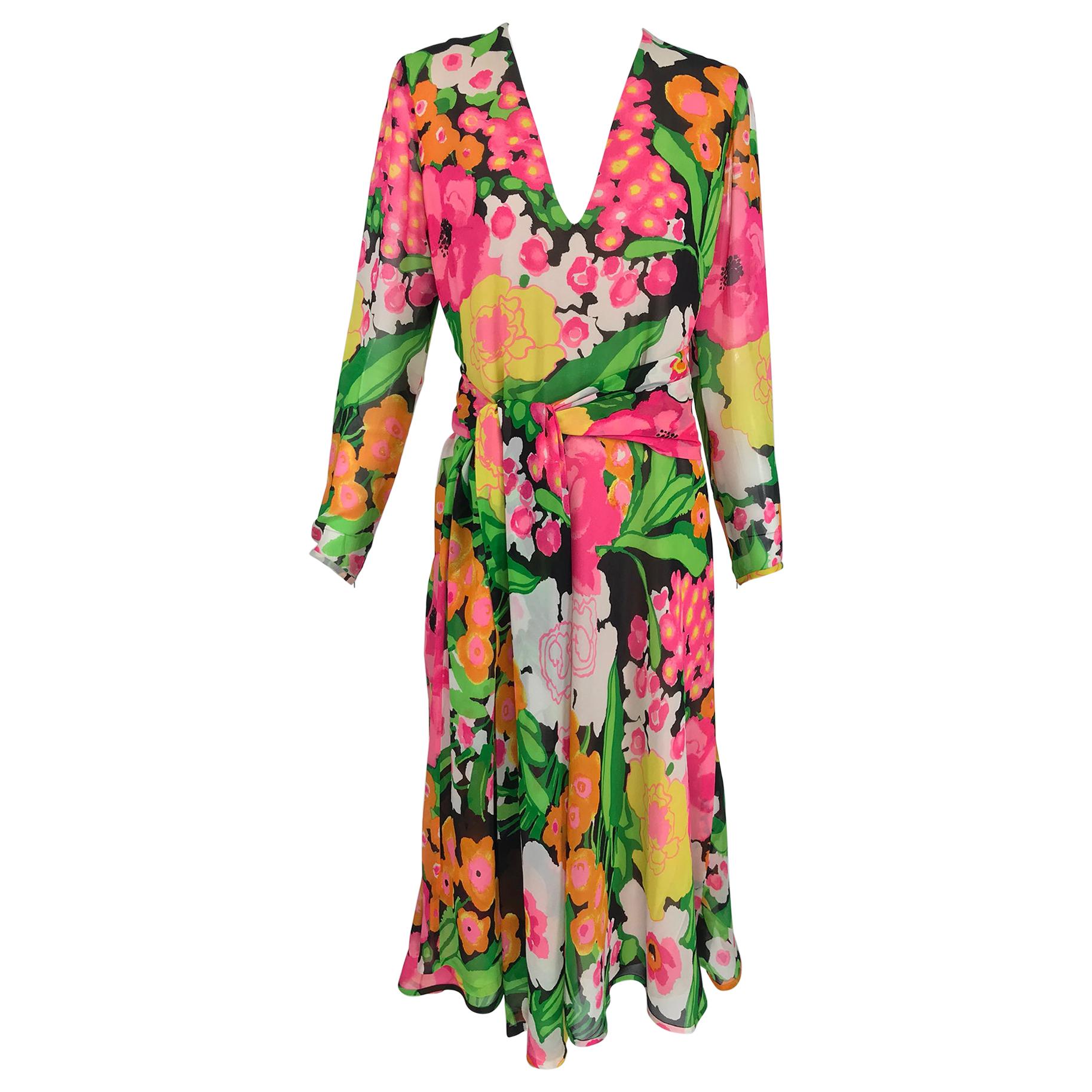 Pierre  Balmain Haute Couture Pieced Silk Vibrant Floral Dress and Sash