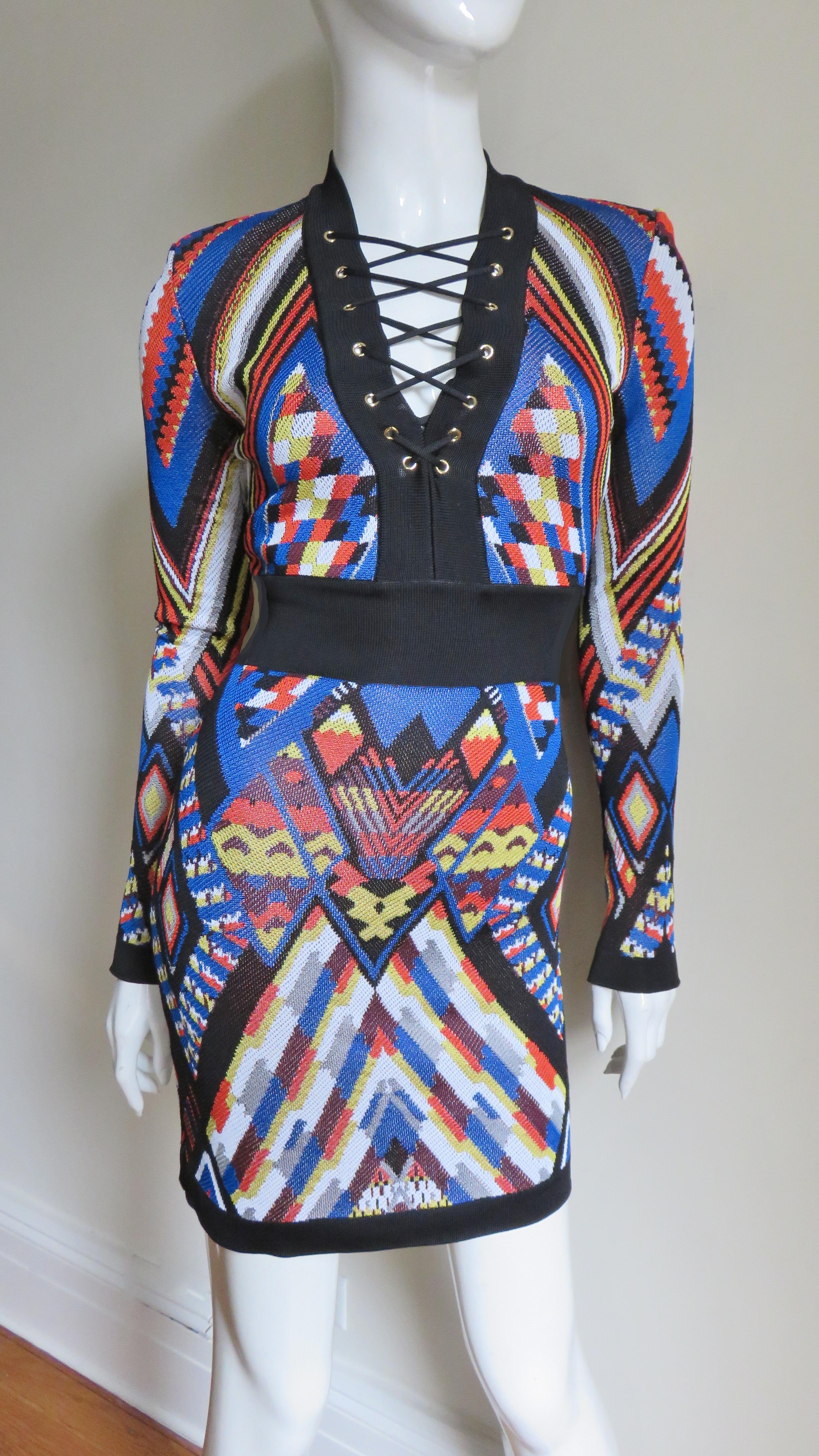 Women's Pierre Balmain New Geometric Print Lace up Dress For Sale