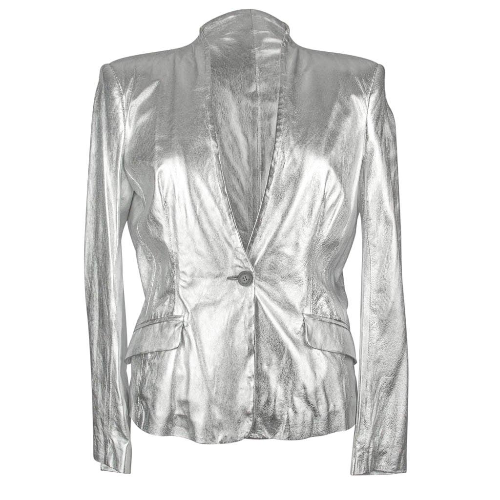 Pierre Balmain Jacket Ice Silver Leather Light Weight 42 / 8 nwt For Sale