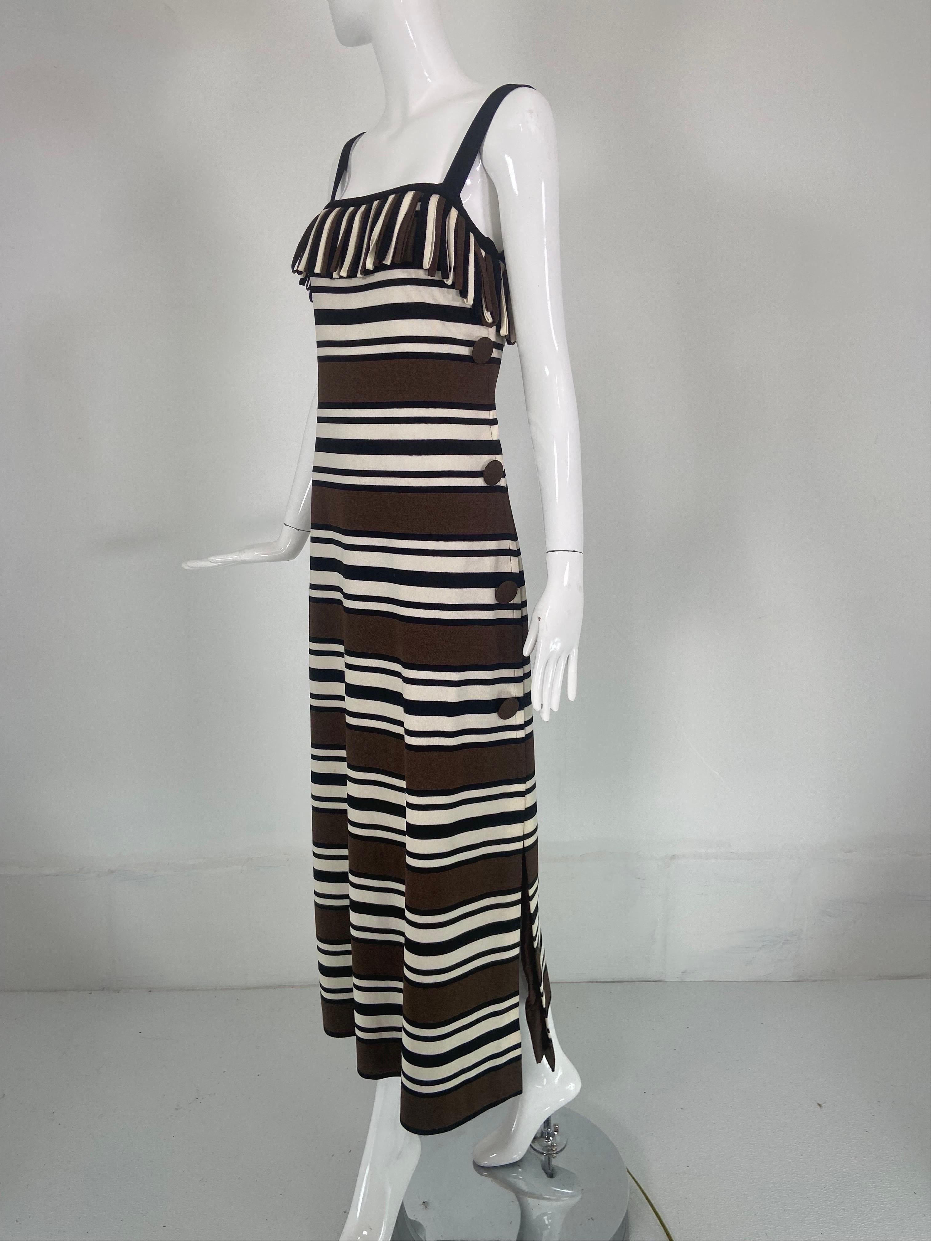 Pierre Balmain Les Tricots demi couture fringe jersey maxi dress & matching triangle shawl. An amusing dress in stripes of brown, black & white, from the 1970s it's eye catching! Bandeau bodice with narrow shoulder straps, the bodice top is trimmed