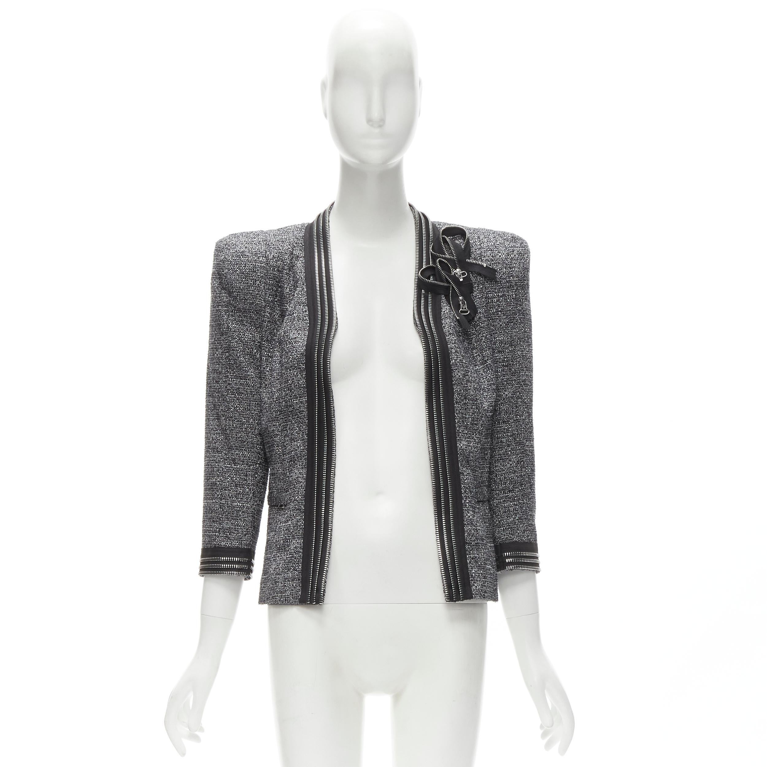 PIERRE BALMAIN metallic grey lurex tweed zipper trim blazer jacket FR40 M 3