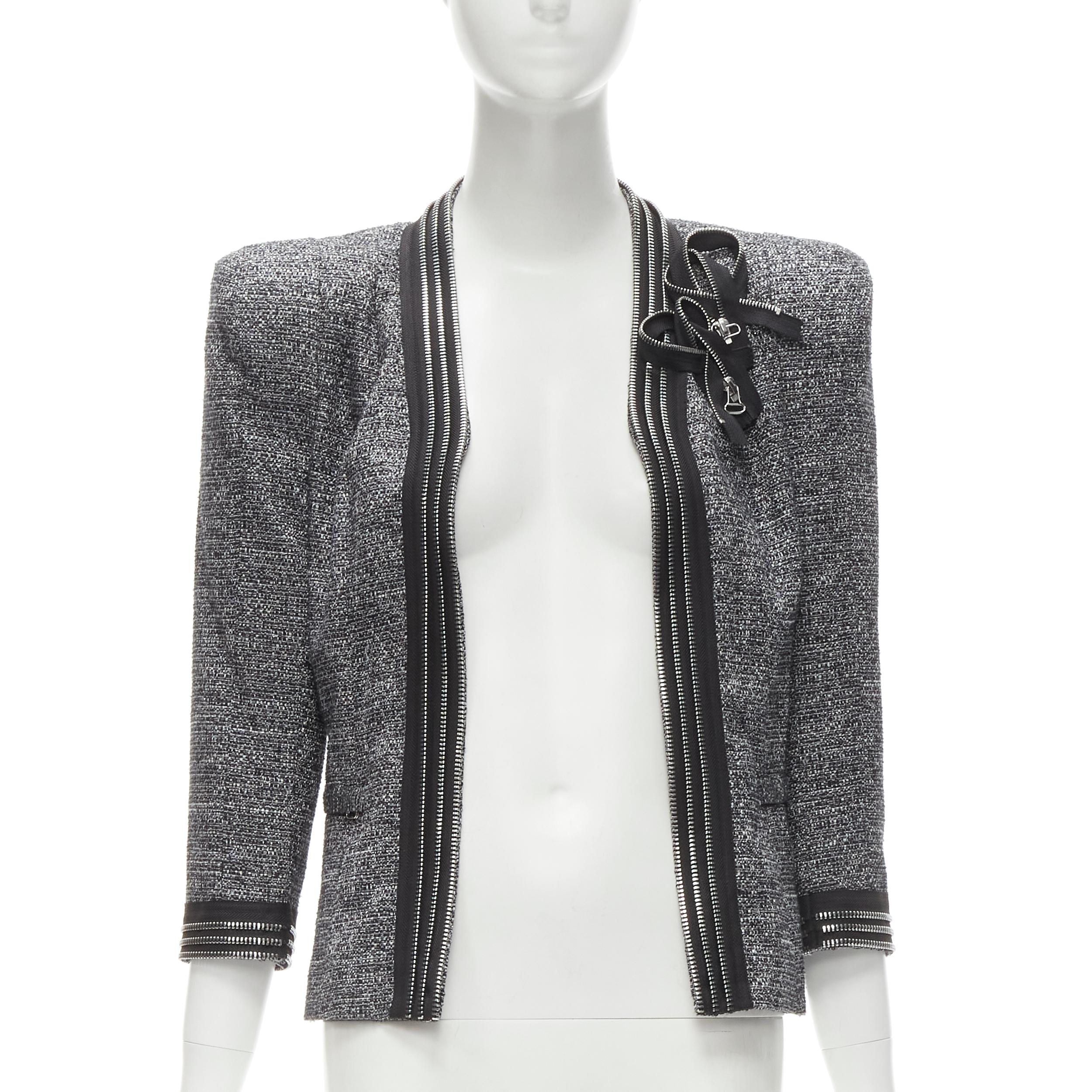 PIERRE BALMAIN metallic grey lurex tweed zipper trim blazer jacket FR40 M  at 1stDibs | zipper blazer jacket, balmain mirror jacket, balmain white  tweed blazer