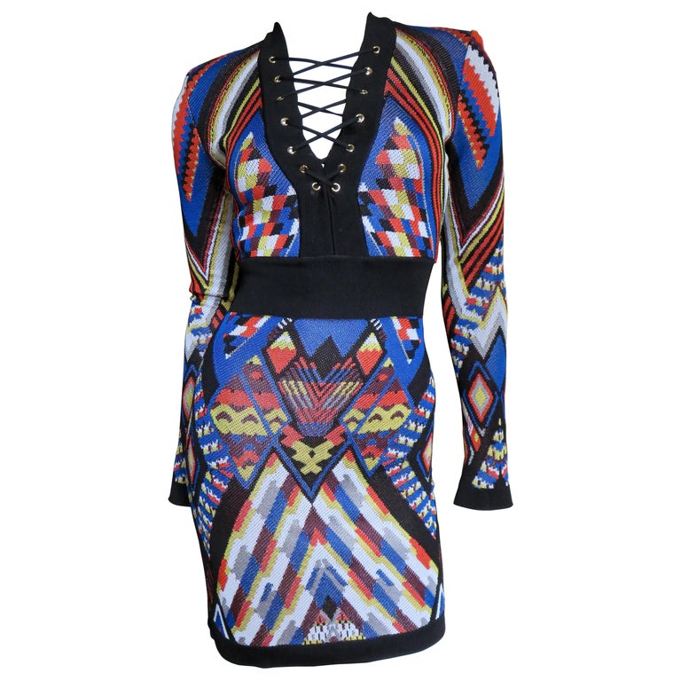 Pierre Balmain New Geometric Print Lace up Dress For Sale at 1stDibs