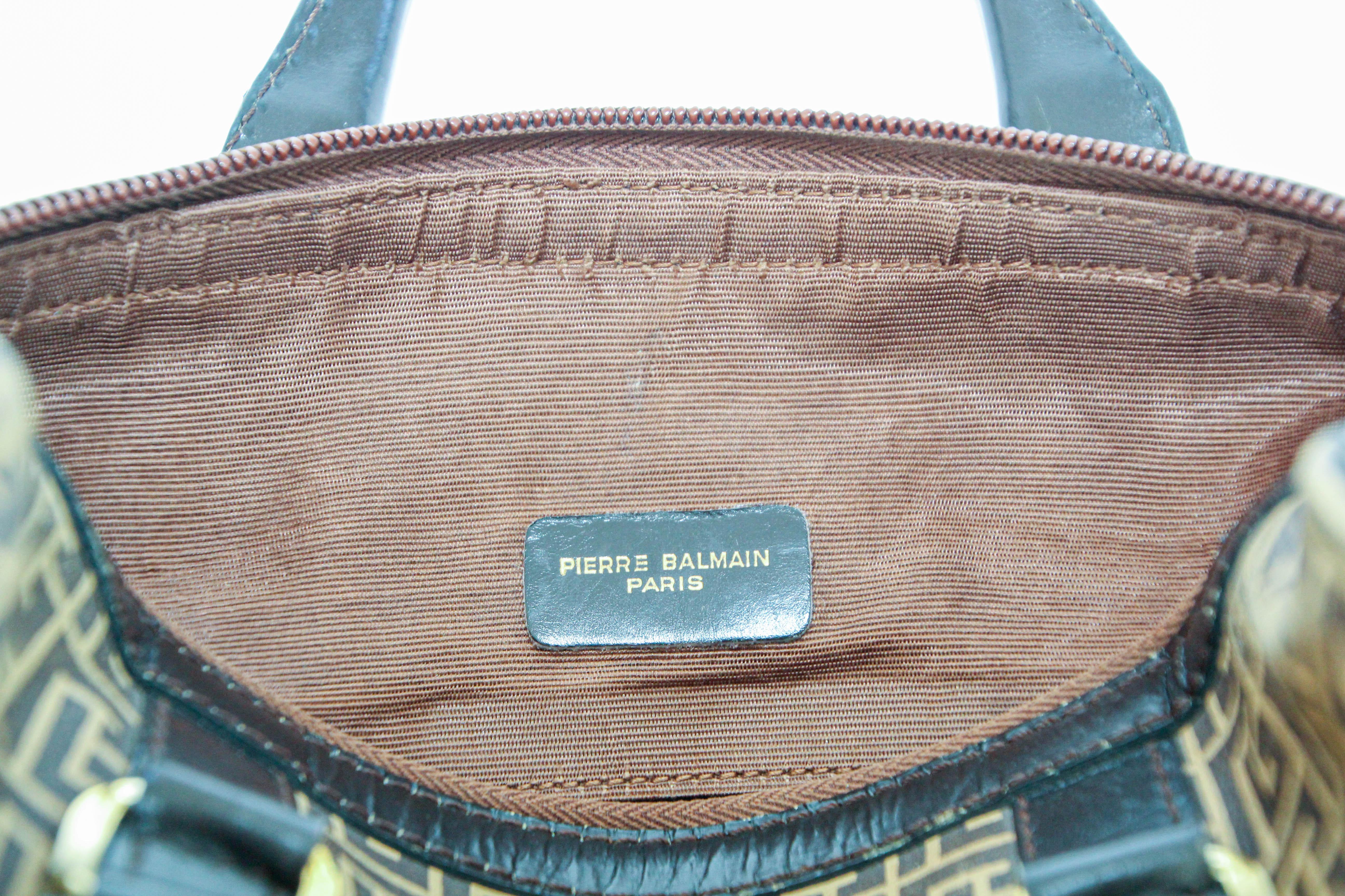 Pierre Balmain Paris Brown Leather & Coated Canvas Geometric Tote Zip Top 1970 en vente 8