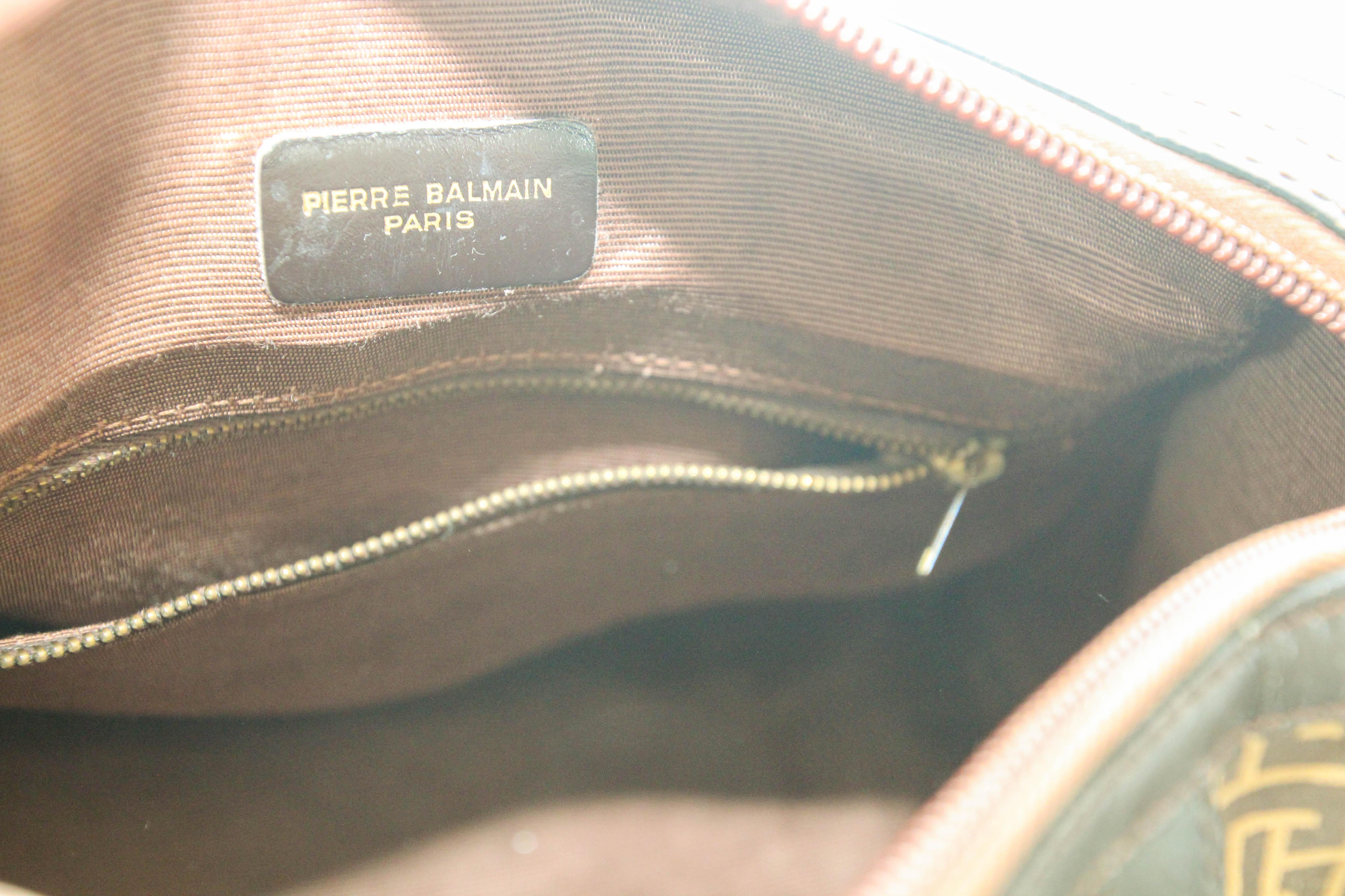 Pierre Balmain Paris Brown Leather & Coated Canvas Geometric Tote Zip Top 1970s For Sale 12