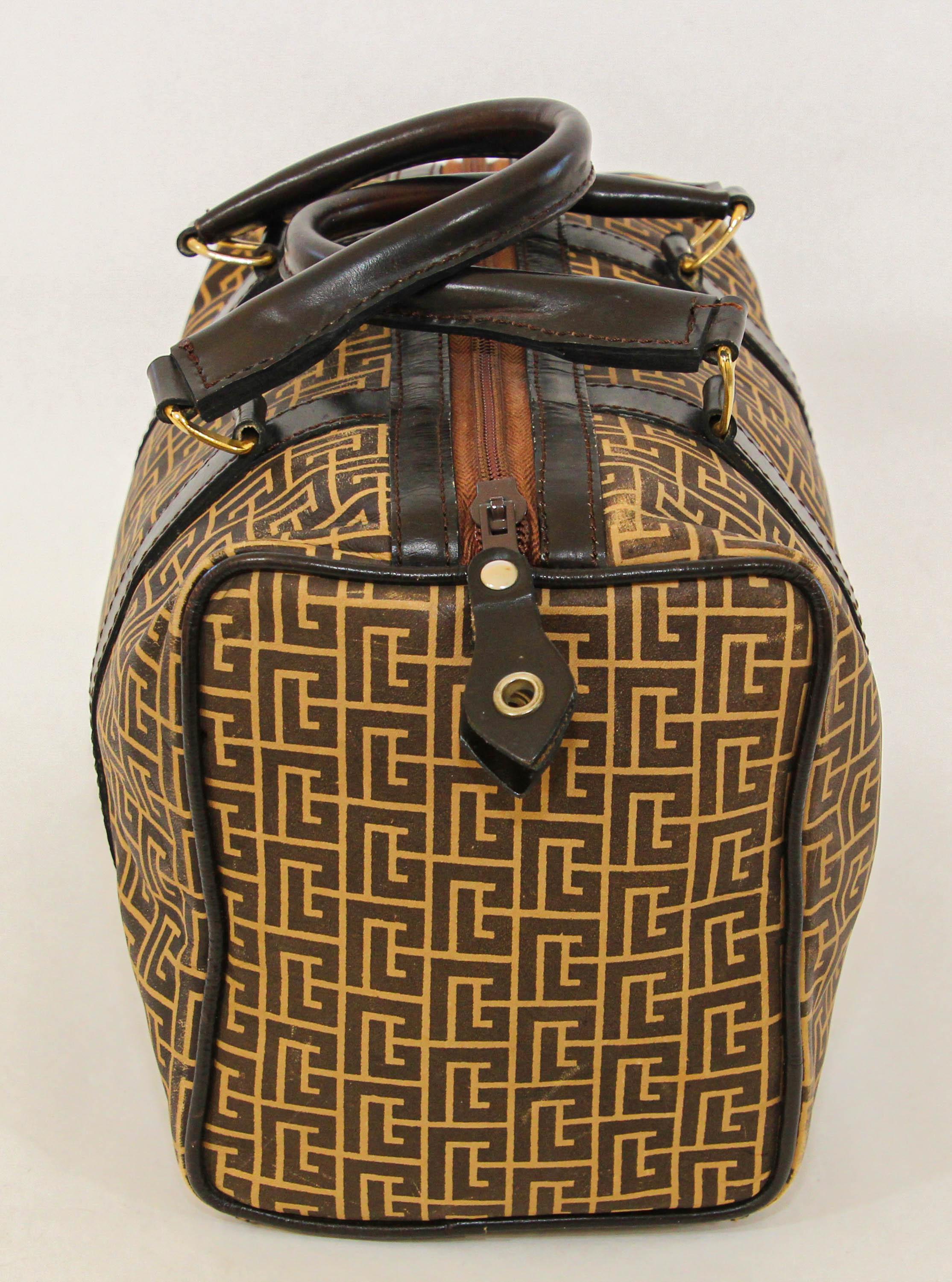 Pierre Balmain Paris Brown Leather & Coated Canvas Geometric Tote Zip Top 1970s In Good Condition For Sale In North Hollywood, CA