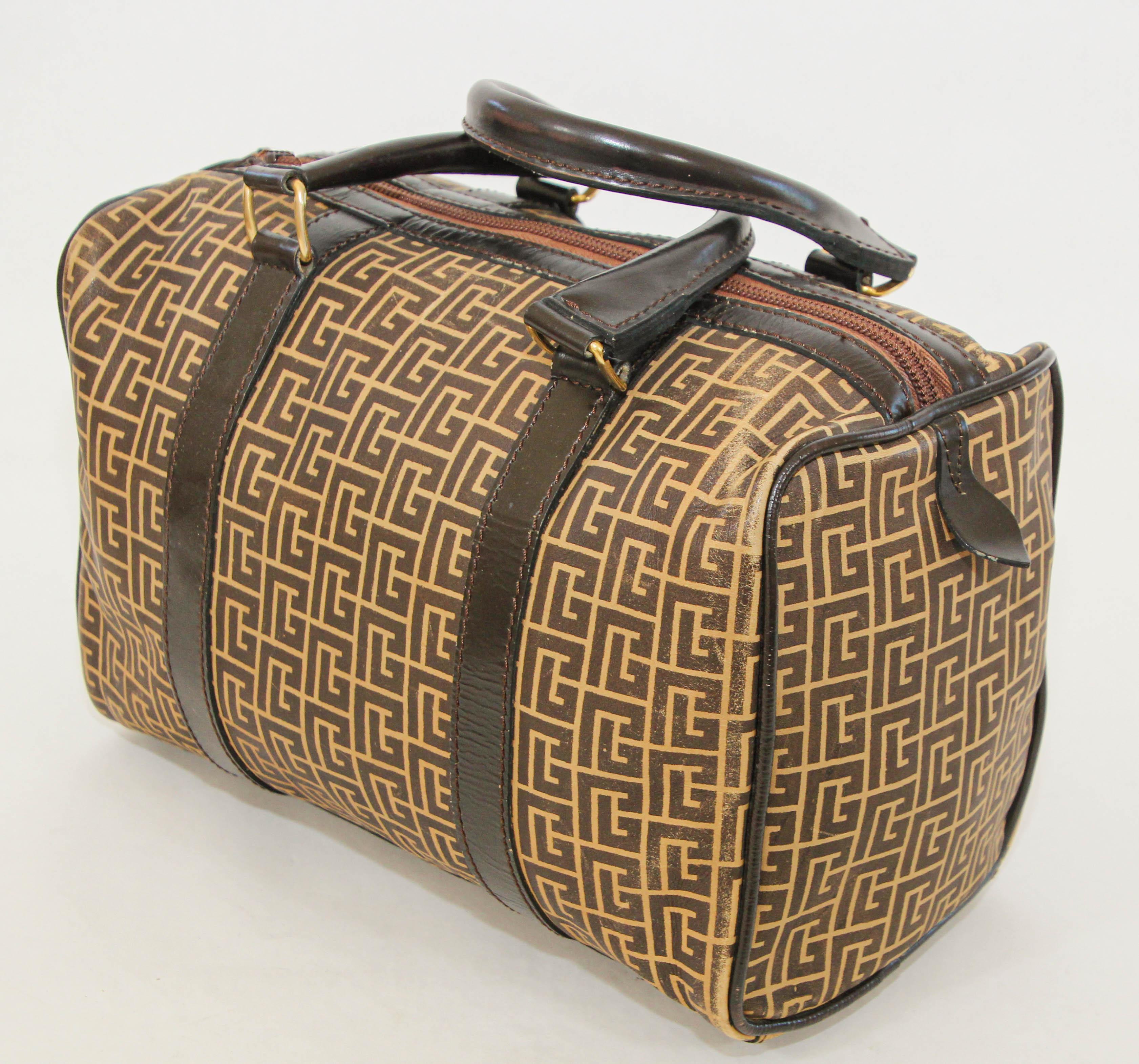 Pierre Balmain Paris Brown Leather & Coated Canvas Geometric Tote Zip Top 1970s For Sale 3