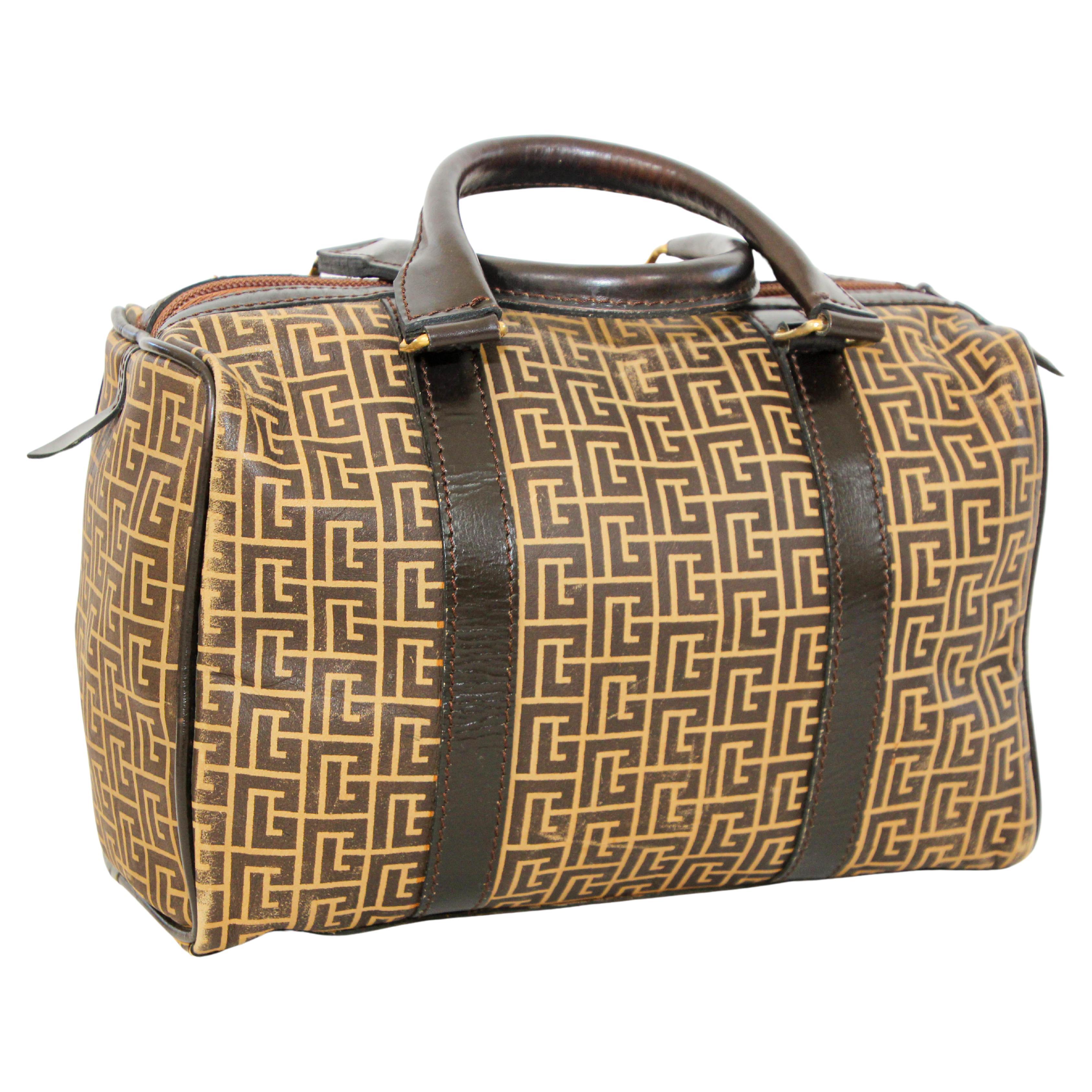 Pierre Balmain Paris Brown Leather & Coated Canvas Geometric Tote Zip Top 1970 en vente