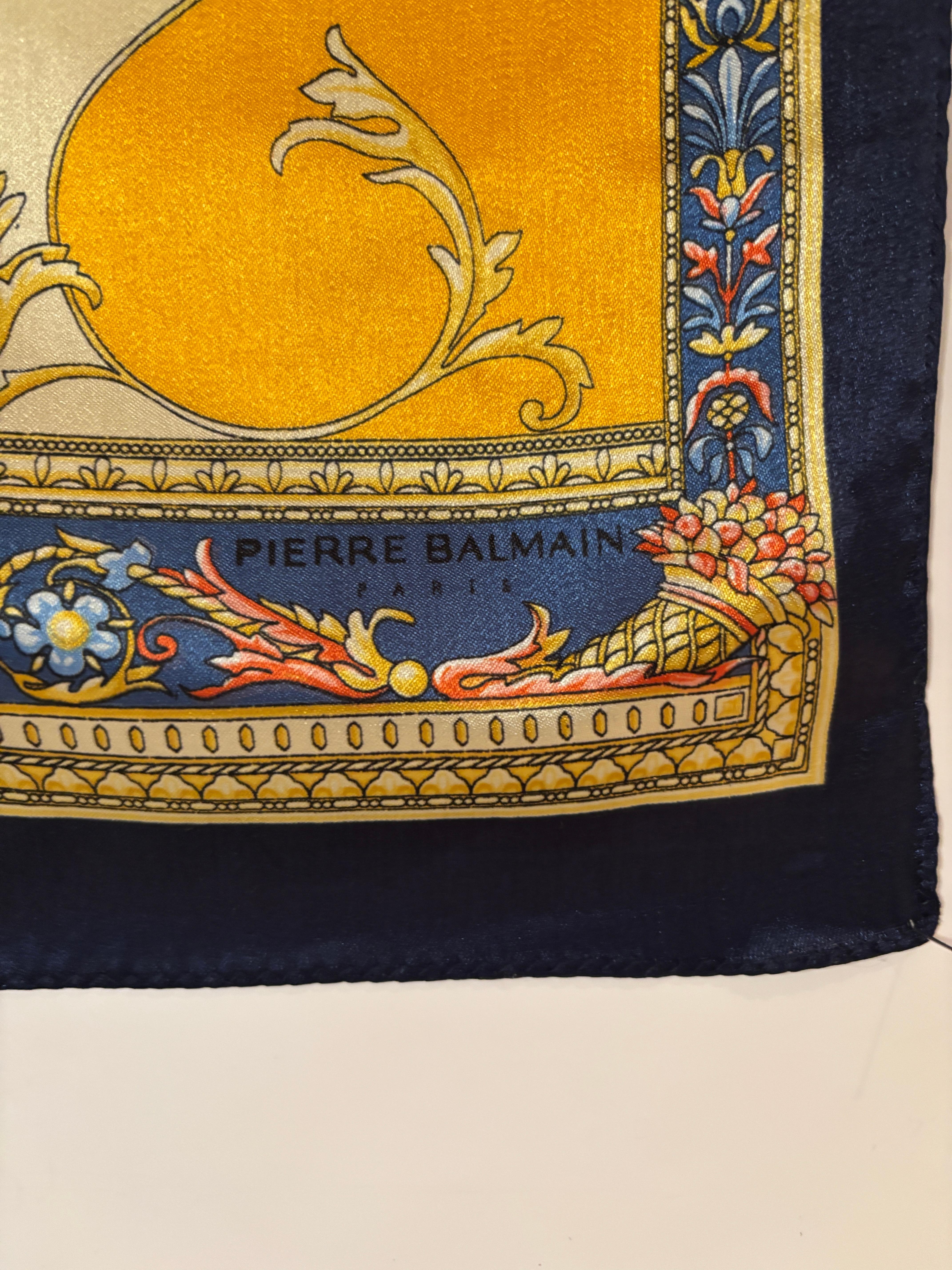 Brown Pierre Balmain Paris Francois 1er Neckerchief Scarf Gold and Blue For Sale