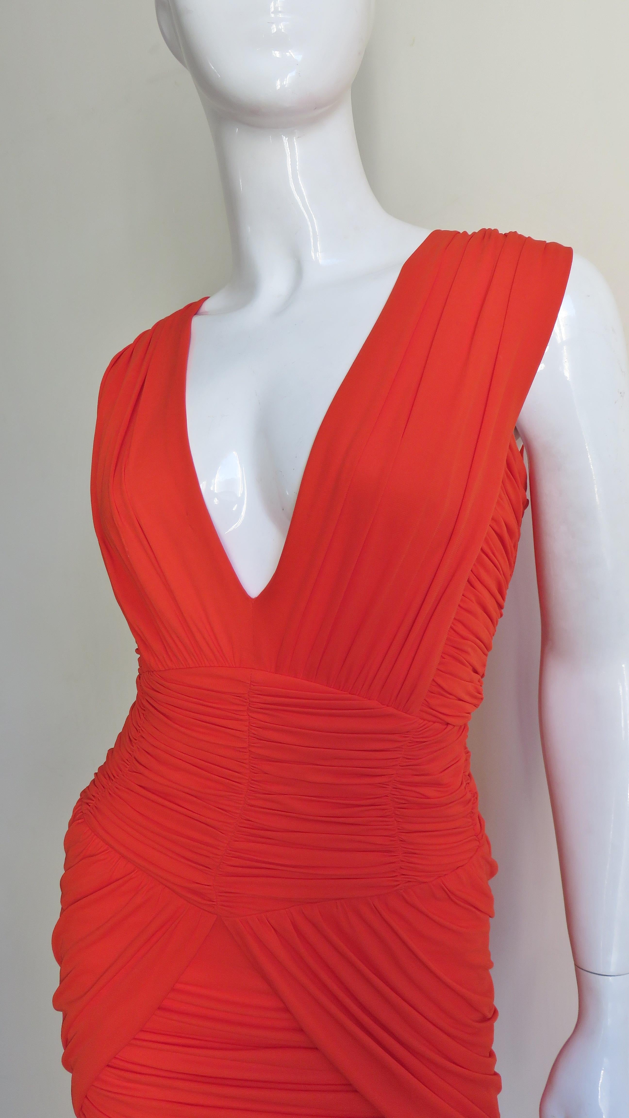 Red Pierre Balmain Ruched Dress For Sale